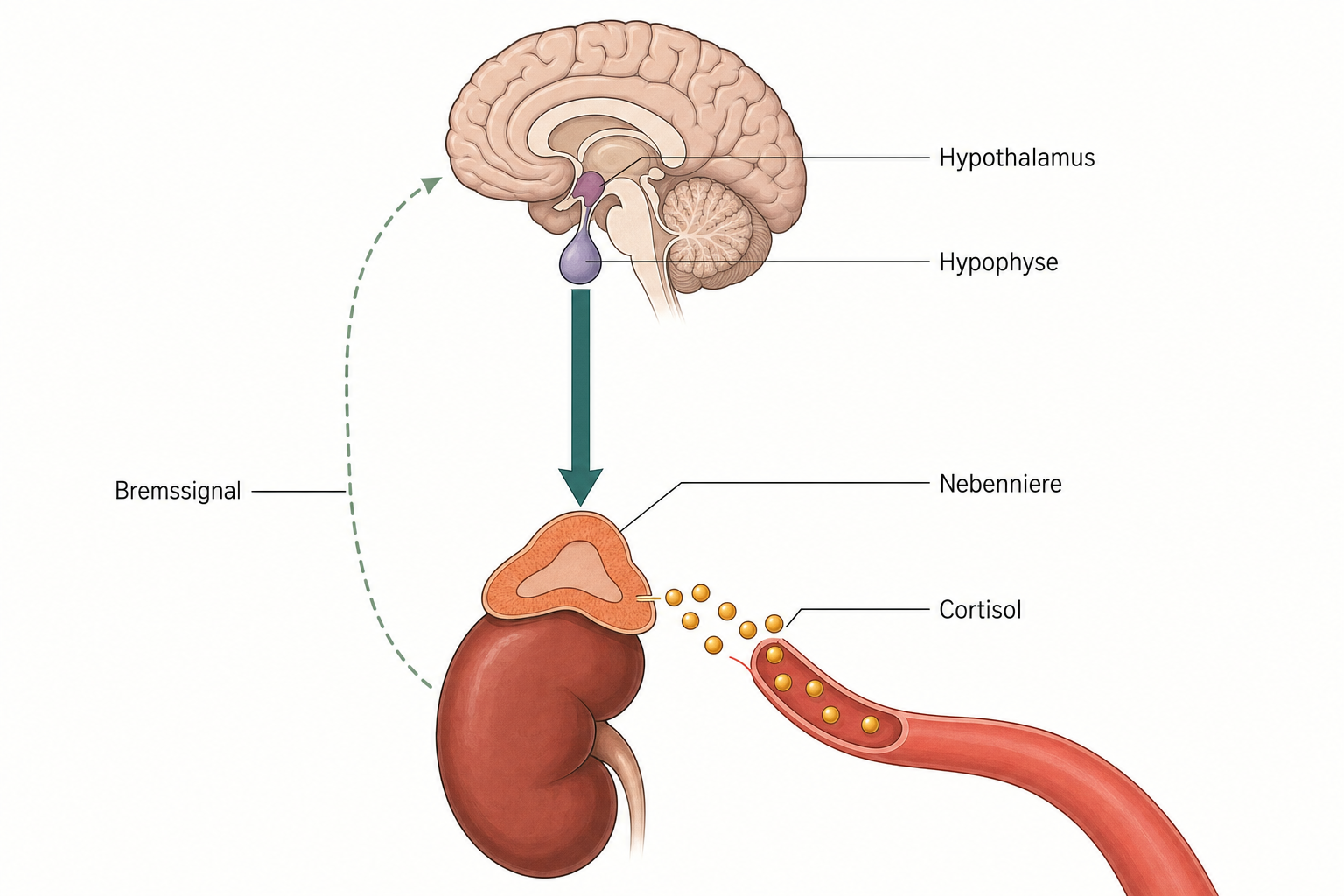 Schema der Stressachse mit Hypothalamus, Hypophyse und Nebenniere untereinander, ein Pfeil nach unten bis zur Cortisol-Ausschüttung in die Blutbahn und ein gestrichelter Bremspfeil zurück zum Gehirn