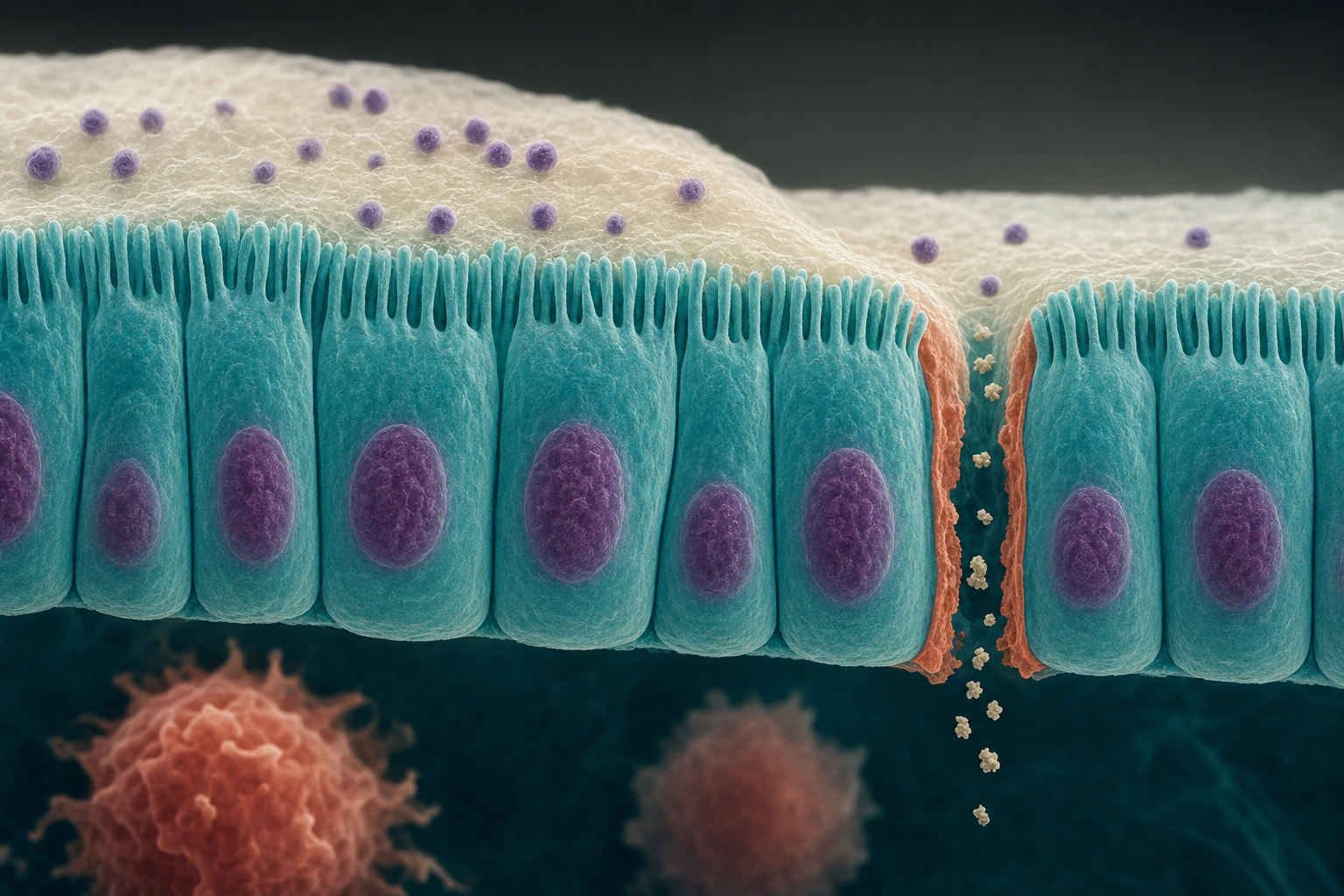 Mikroskopische Visualisierung der einlagigen Darmzellschicht im Schnitt mit Schleimschicht und Bakterien, rechts ein terrakottafarben markierter Spalt zwischen zwei Zellen