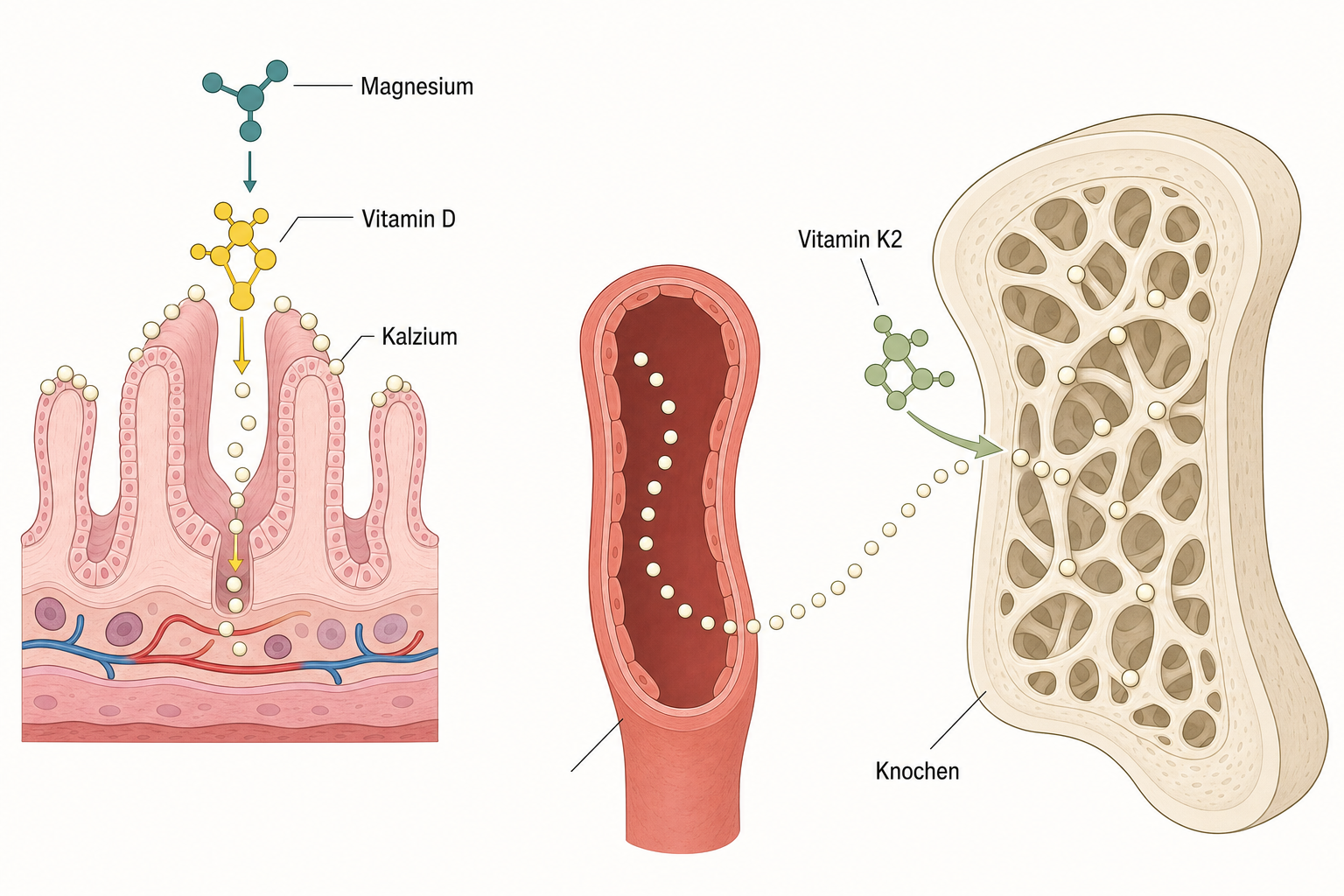 Schema der Kalziumaufnahme von der Darmwand über das Blut in den Knochen, bei dem Magnesium das Vitamin D aktiviert, Vitamin D den Durchtritt öffnet und Vitamin K2 das Kalzium in die Knochenbälkchen lenkt
