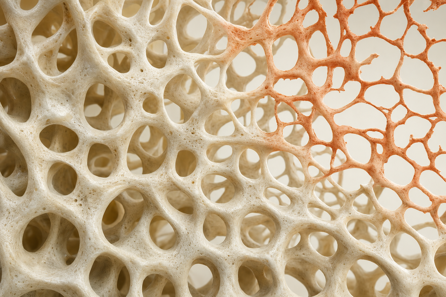 Wissenschaftliches 3D-Modell der Knochenbälkchen im Inneren eines Wirbelkörpers, links dicht und kräftig, rechts oben ausgedünnt und terrakottafarben getönt
