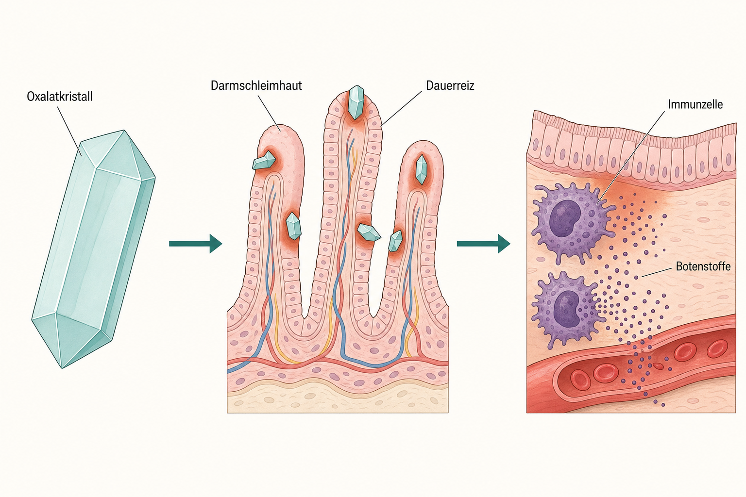 Schema in drei Stufen von einem scharfkantigen Oxalatkristall über die gereizte Darmschleimhaut zu Immunzellen, die Botenstoffe in ein Blutgefäß abgeben