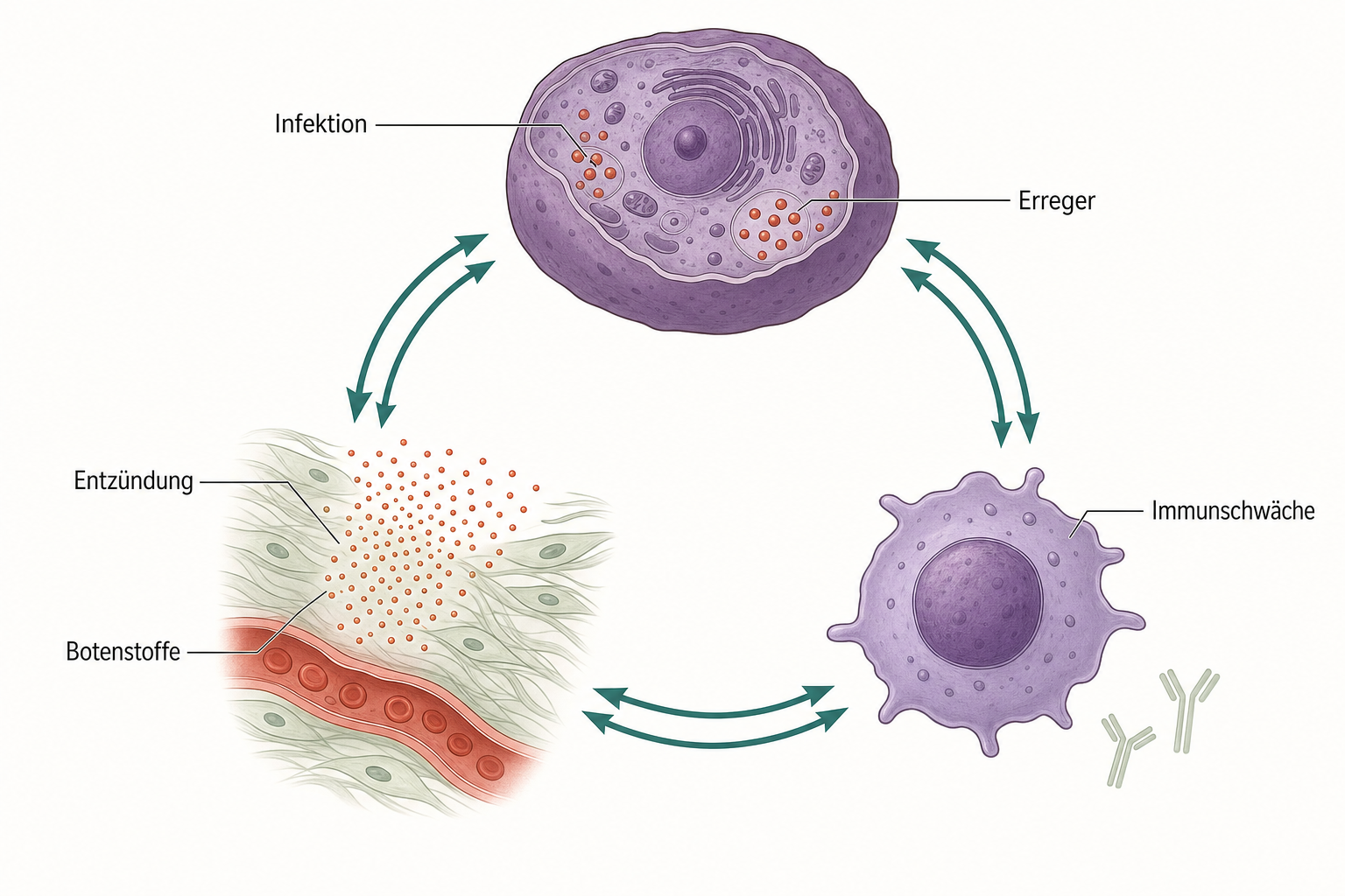 Kreisschema mit drei Stationen: eine infizierte Zelle mit Erregern, eine geschwächte Immunzelle und ein Gewebeausschnitt mit Botenstoffwolke, verbunden durch Pfeile in beide Richtungen