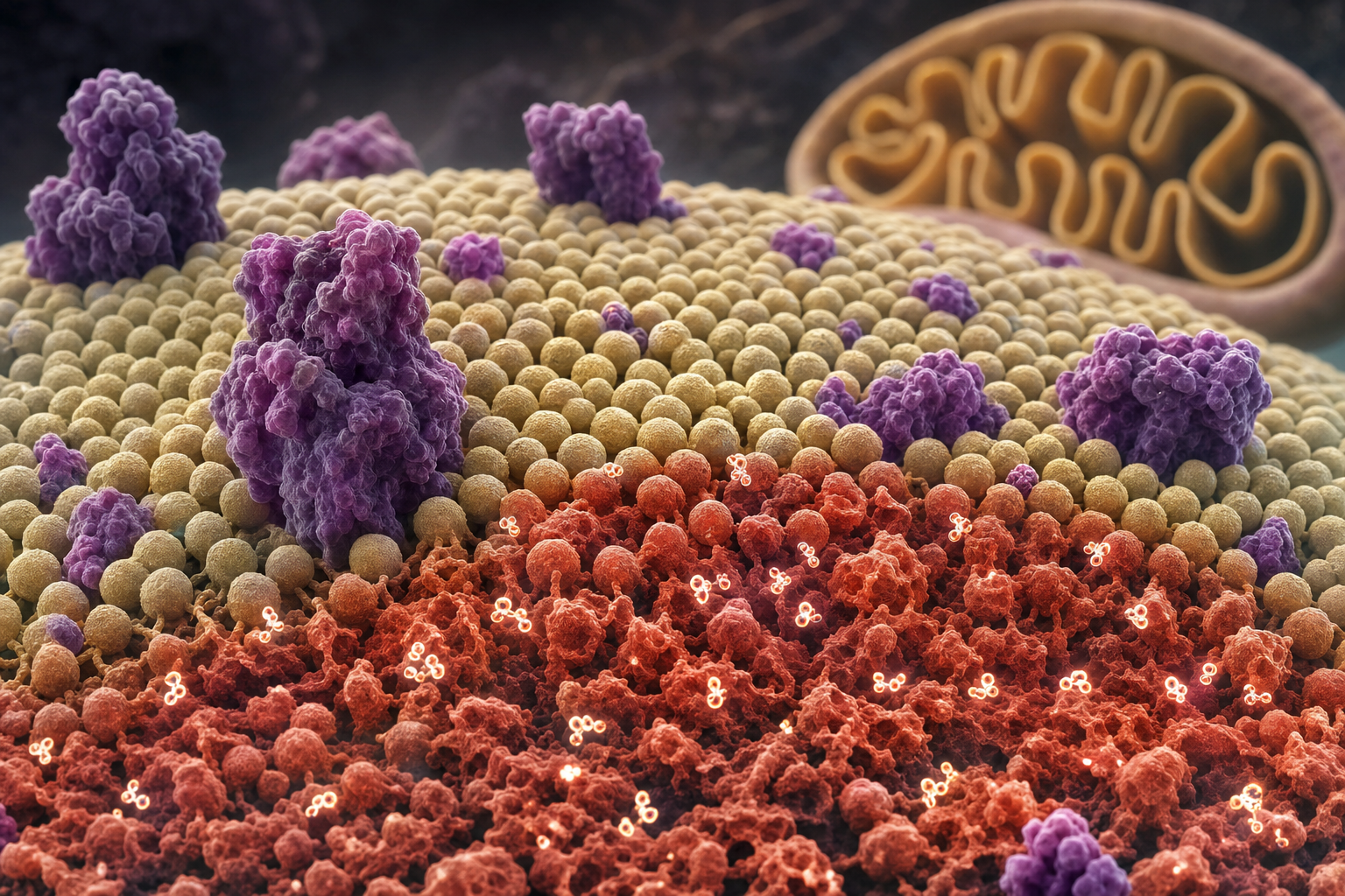 Mikroskopische Visualisierung einer Zellmembran aus dicht gepackten Lipidmolekülen, ein Bereich durch oxidierte Fette terrakottafarben aufgeraut, im Hintergrund unscharf ein Mitochondrium