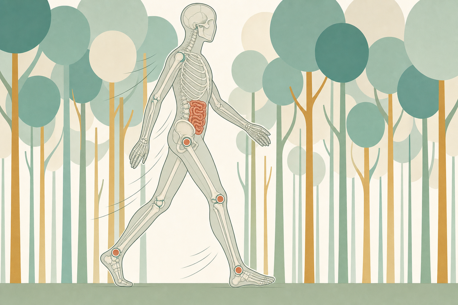 Wissenschaftliche Grafikfigur im Gehschritt auf einem Waldweg zwischen schematischen Baumstämmen, das Skelett scheint durch, der Darm im Bauchraum ist terrakottafarben hervorgehoben