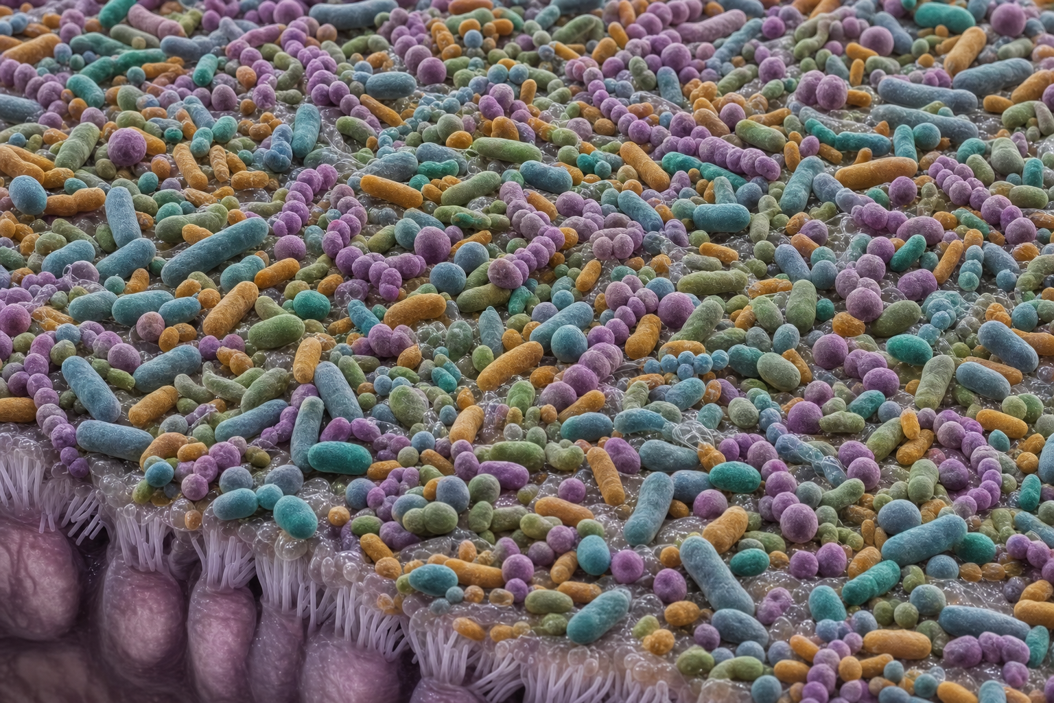 Mikroskopische Nahaufnahme eines dichten Mikrobenteppichs aus vielen verschiedenen Formen und Farben auf der Schleimschicht der Darmwand