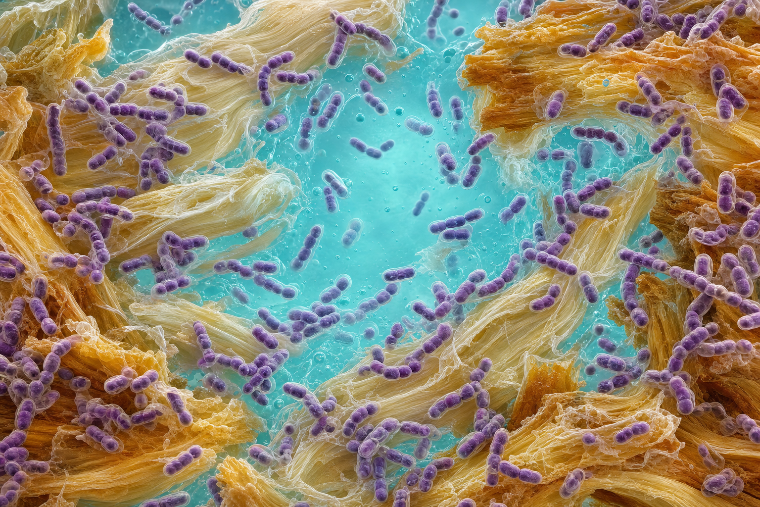 Mikroskopische Visualisierung stäbchenförmiger Milchsäurebakterien in Pflaumenfarbe auf faserigen Pflanzenzellwänden in aquamarinfarbener Salzlake mit kleinen Gasbläschen