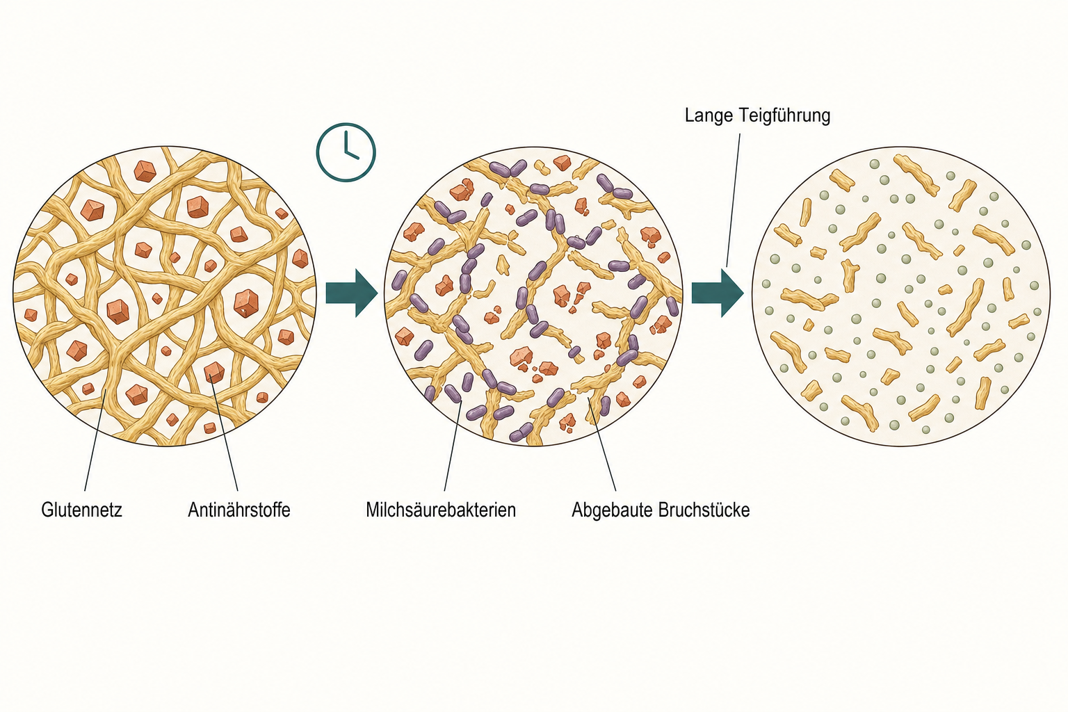 Dreistufiges Schema: Glutennetz mit Antinährstoffen im rohen Teig, Milchsäurebakterien trennen die Fäden während der langen Teigführung auf, rechts bleiben nur abgebaute Bruchstücke