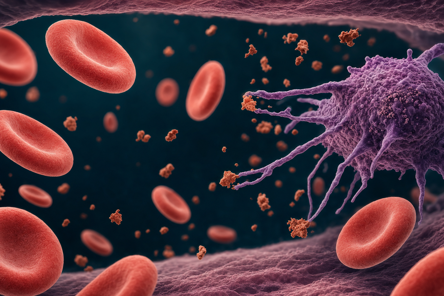 Mikroskopische Visualisierung eines Blutgefäßes mit roten Blutkörperchen, kleinen terrakottafarbenen Bakterienbruchstücken und einer violetten Immunzelle, die nach einem Partikel greift