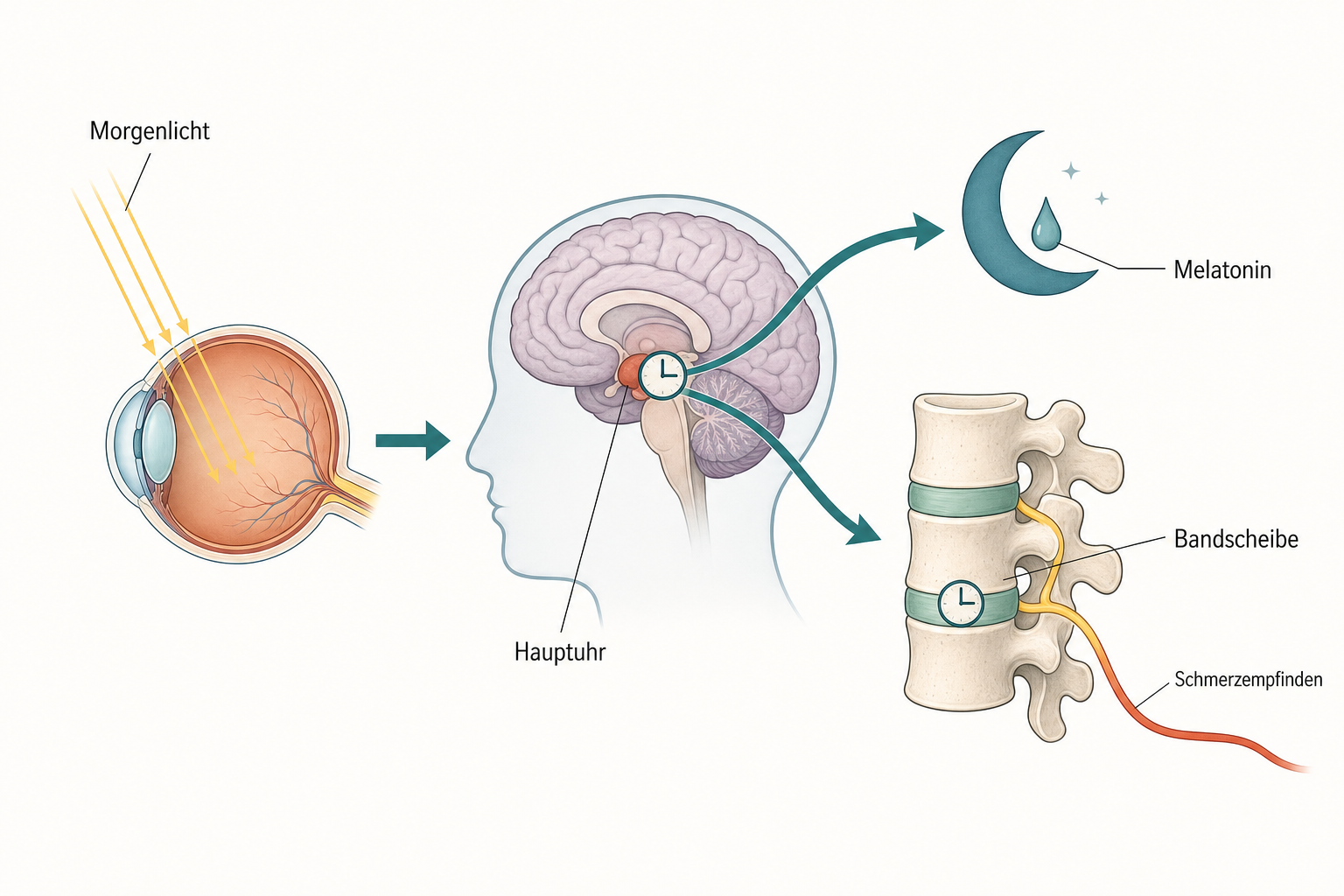 Schema vom Auge über die Hauptuhr im Gehirn zu Melatonin und zu einem Lendenwirbelsegment mit Bandscheibe und terrakottafarben markierter Nervenwurzel