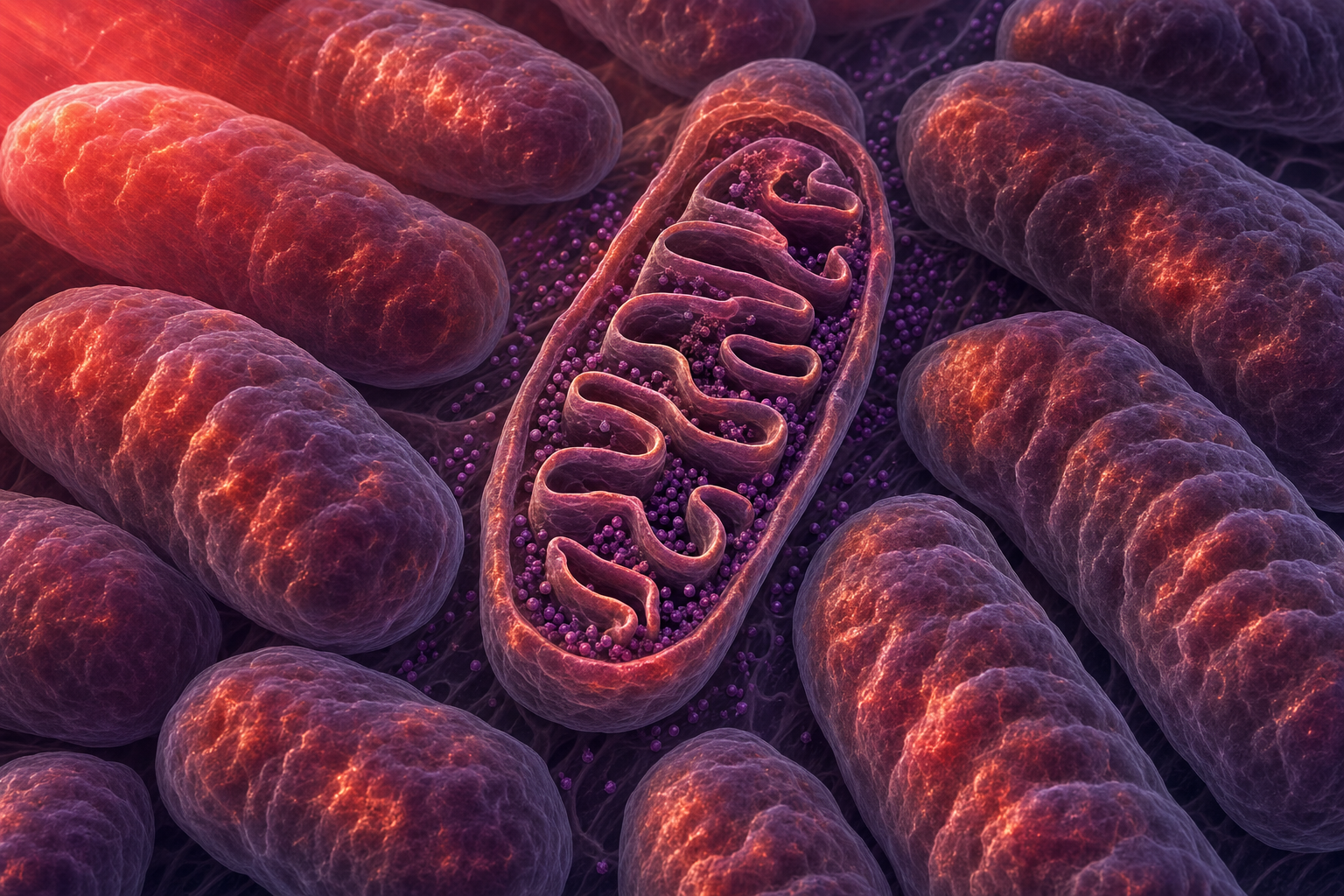 Mikroskopische Visualisierung mehrerer Mitochondrien in einer Zelle, auf die ein Bündel roten Lichts trifft, die Kontaktzonen der Membranen terrakottafarben hervorgehoben