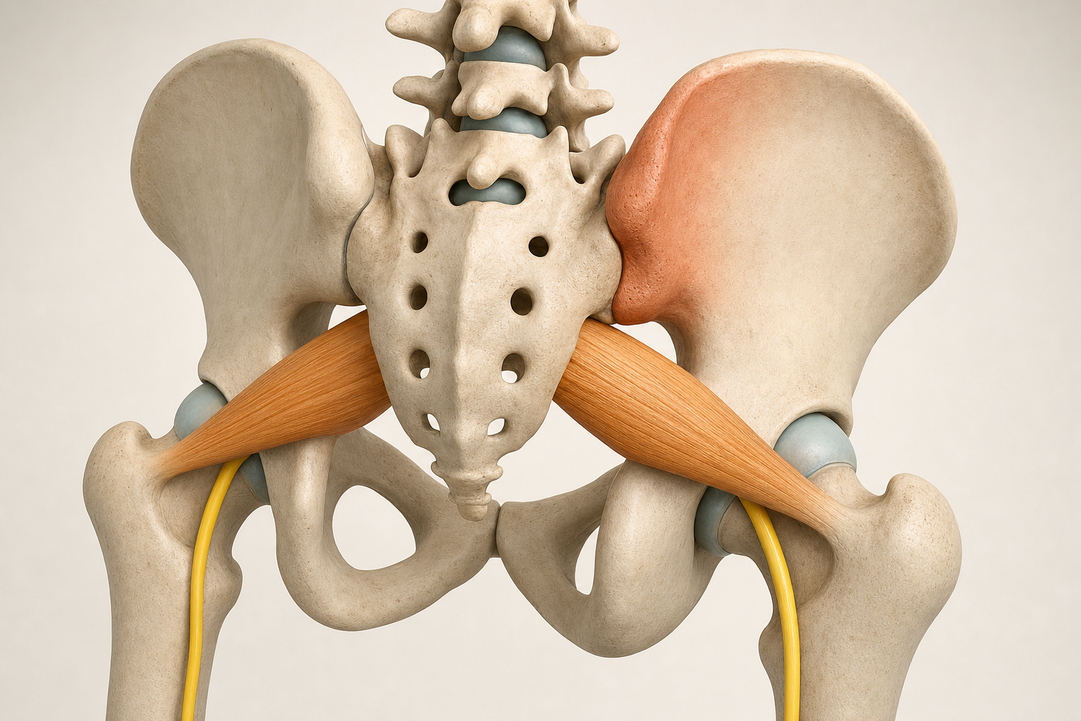 Wissenschaftliches 3D-Modell des Beckens von hinten mit leicht verkipptem Stand, terrakottafarben hervorgehobenem Kreuzdarmbeingelenk, Piriformis-Muskel und Ischiasnerv