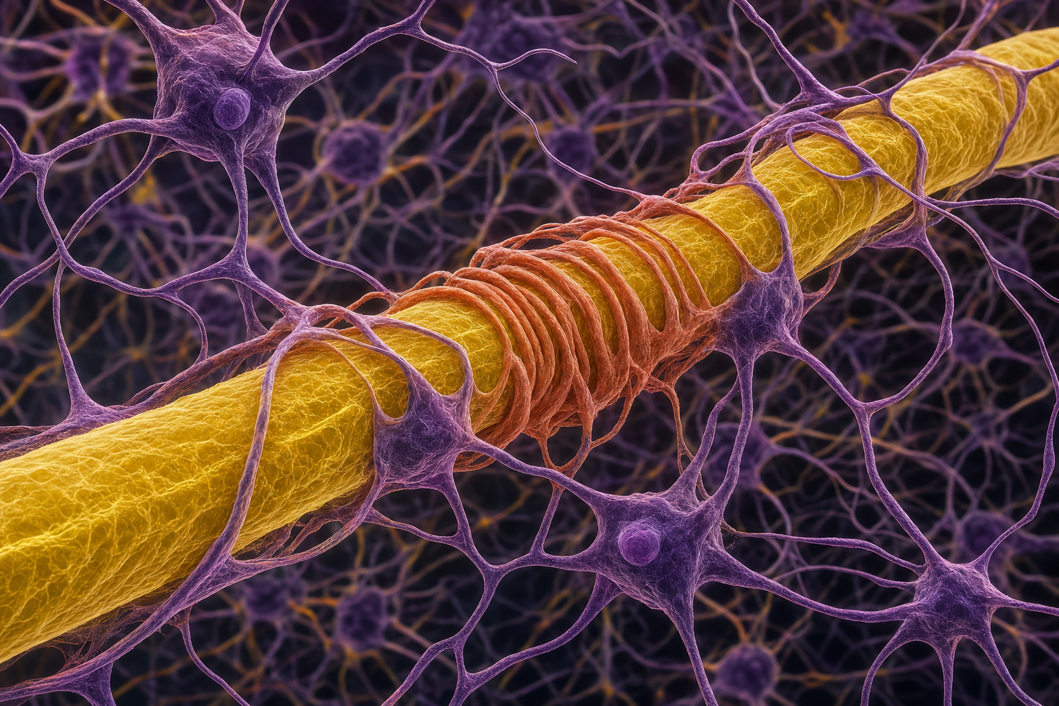 Mikroskopische Visualisierung einer gelben Nervenfaser, umgeben von violetten Gliazellen, deren terrakottafarbene Ausläufer sich eng um die Faser legen