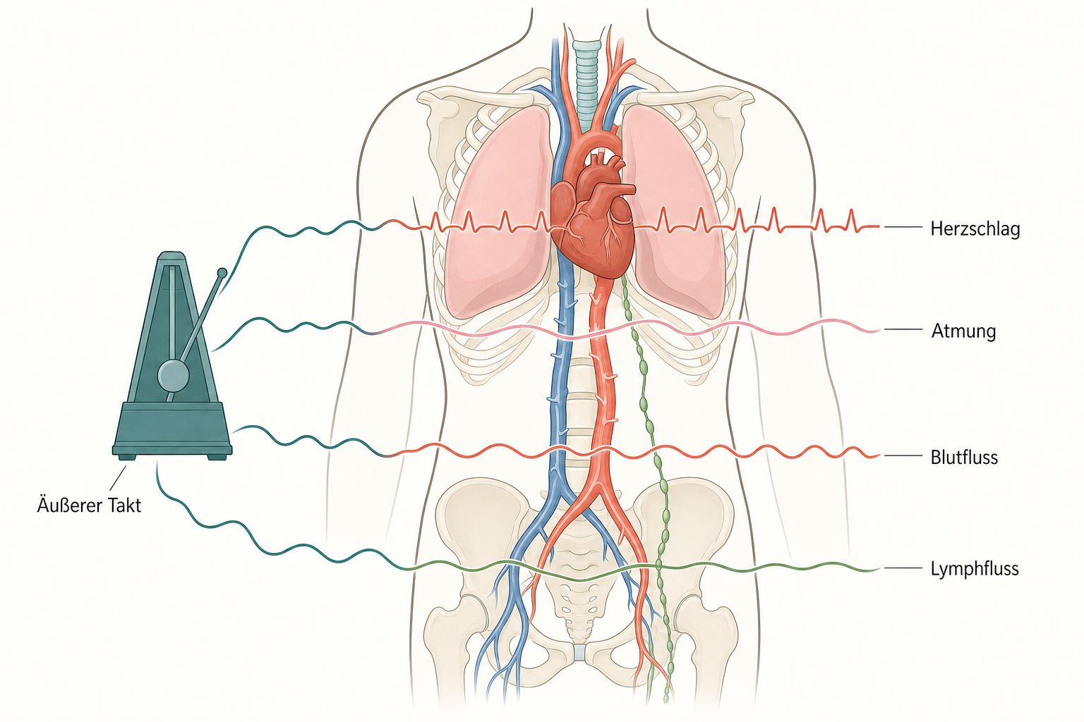 Schema eines Rumpfs mit Herz, Lunge, Gefäßen und Lymphbahn, jede Struktur mit eigener Rhythmuskurve, links ein Pendel, dessen Wellenlinien in den Körper laufen