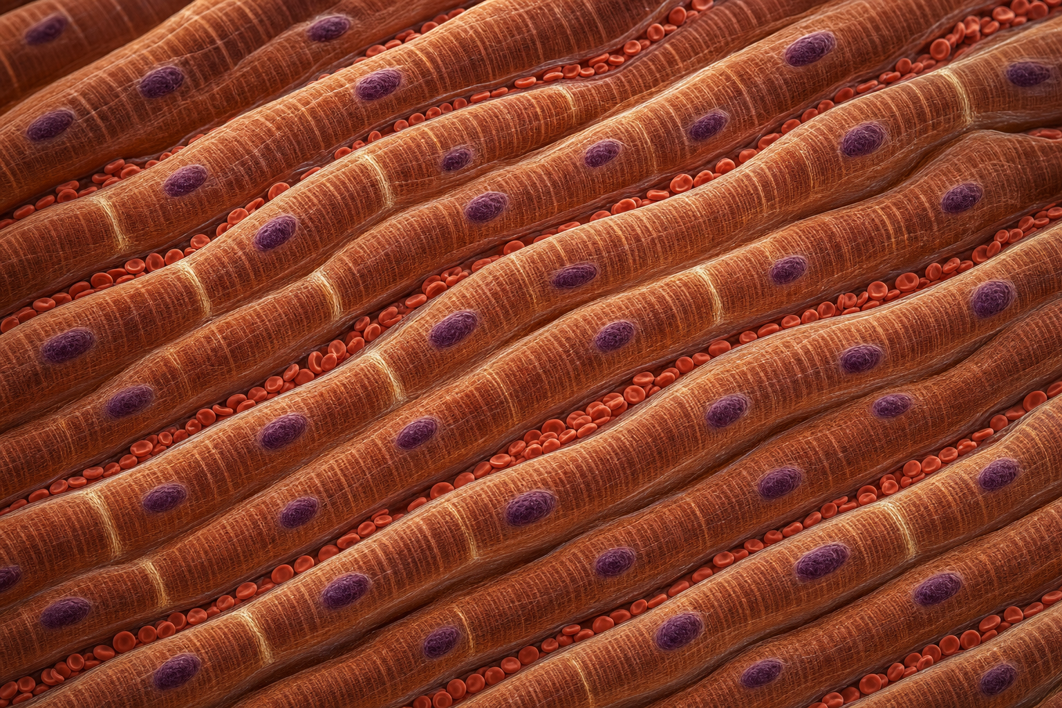 Mikroskopische Visualisierung von Herzmuskelzellen mit Querstreifung und pflaumenfarbenen Zellkernen, dazwischen Kapillaren mit roten Blutzellen, alle Fasern in einer gemeinsamen Welle