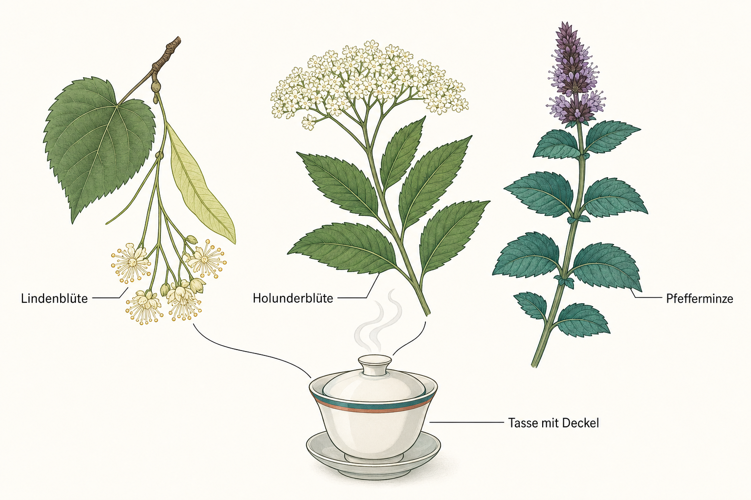 Botanische Tafel mit Lindenblüte, Holunderblüte und Pfefferminze, darunter eine Teetasse mit aufgelegtem Deckel