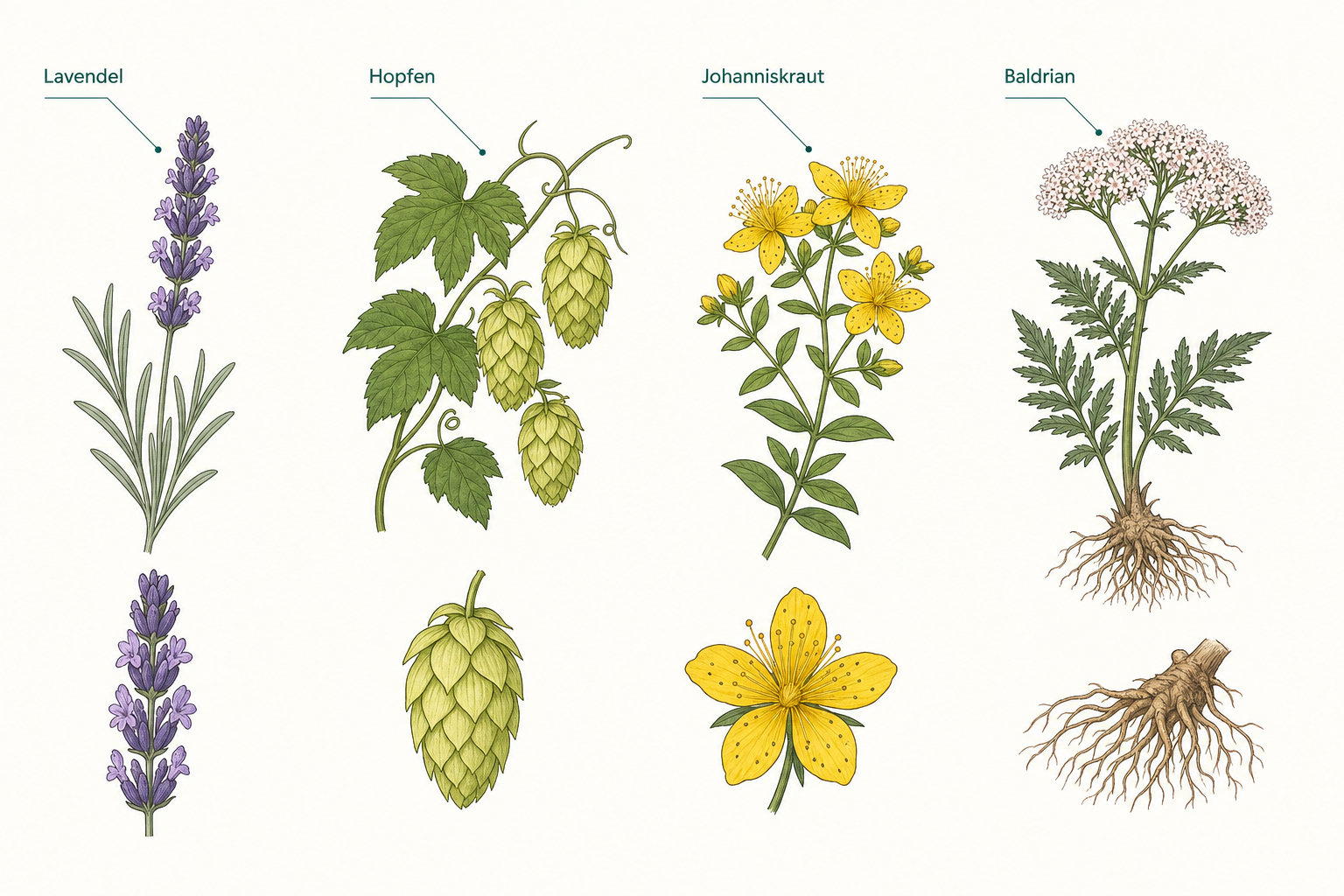 Botanische Tafel mit Lavendel, Hopfen, Johanniskraut und Baldrian nebeneinander, darunter jeweils der verwendete Pflanzenteil