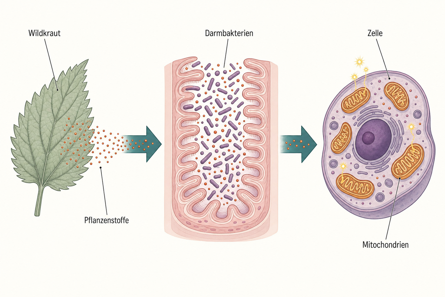 Dreistufiges Schema: Pflanzenstoffe aus einem Brennnesselblatt wandern zu den Darmbakterien in einem Dünndarmabschnitt und weiter zu den Mitochondrien einer aufgeschnittenen Körperzelle
