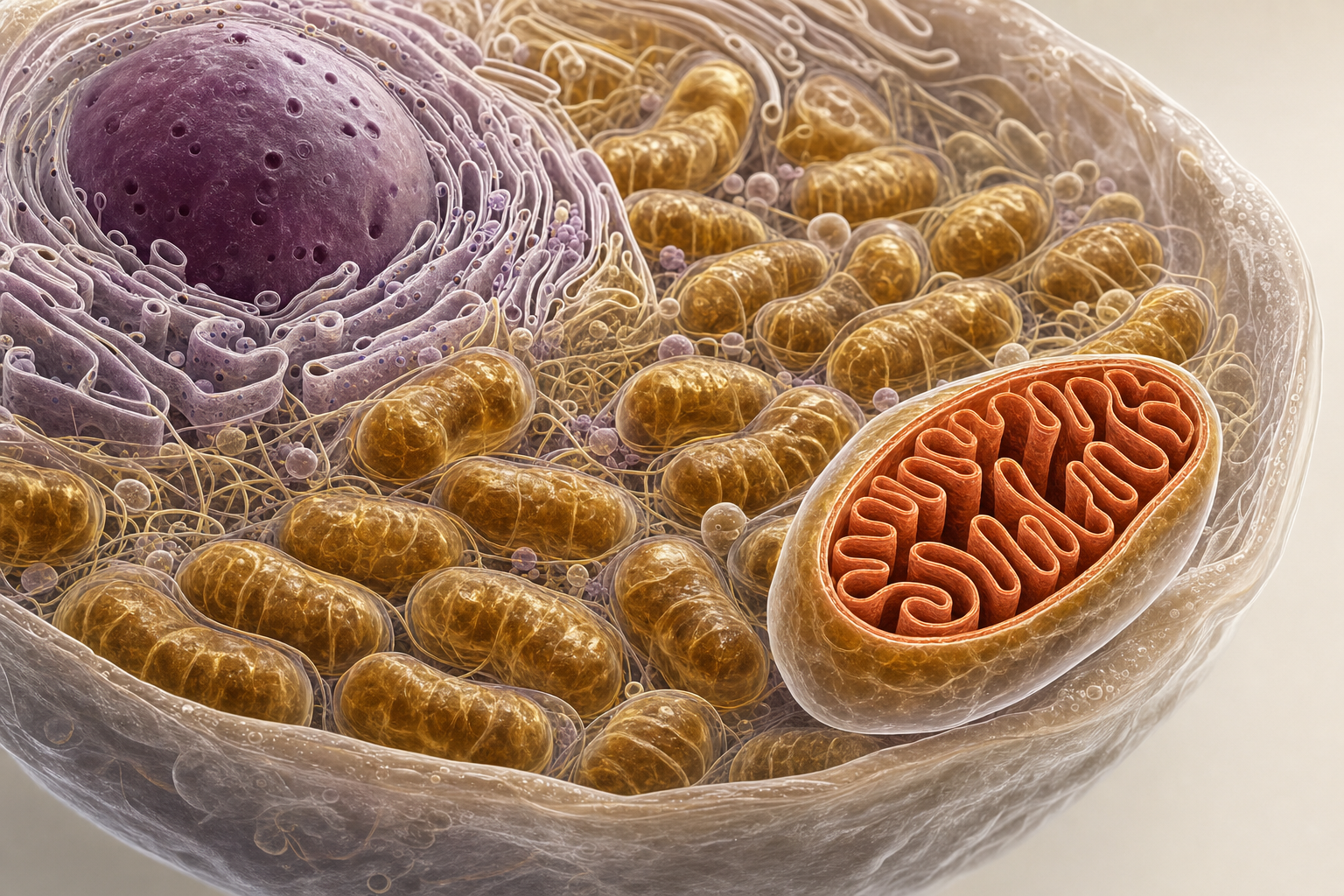 3D-Innenansicht einer aufgeschnittenen Körperzelle mit dicht gepackten bernsteinfarbenen Mitochondrien und einem quer aufgeschnittenen Mitochondrium, dessen gefaltete Innenmembran terrakottafarben hervorgehoben ist