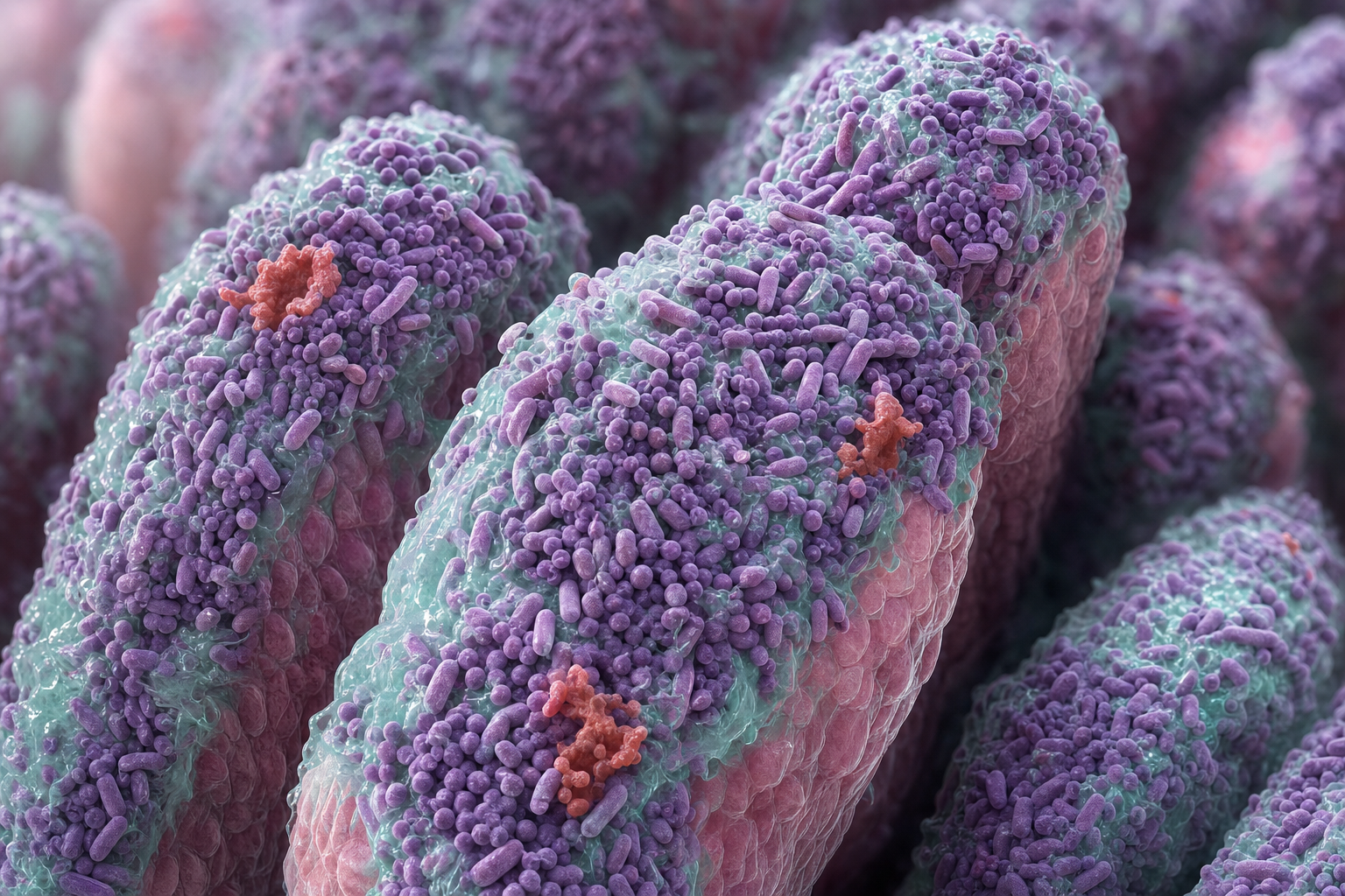 Mikroskopische Visualisierung der Darmschleimhaut mit fingerförmigen Zotten, dicht besiedelt von violetten Bakterienkolonien, dazwischen wenige terrakottafarbene Kolonien