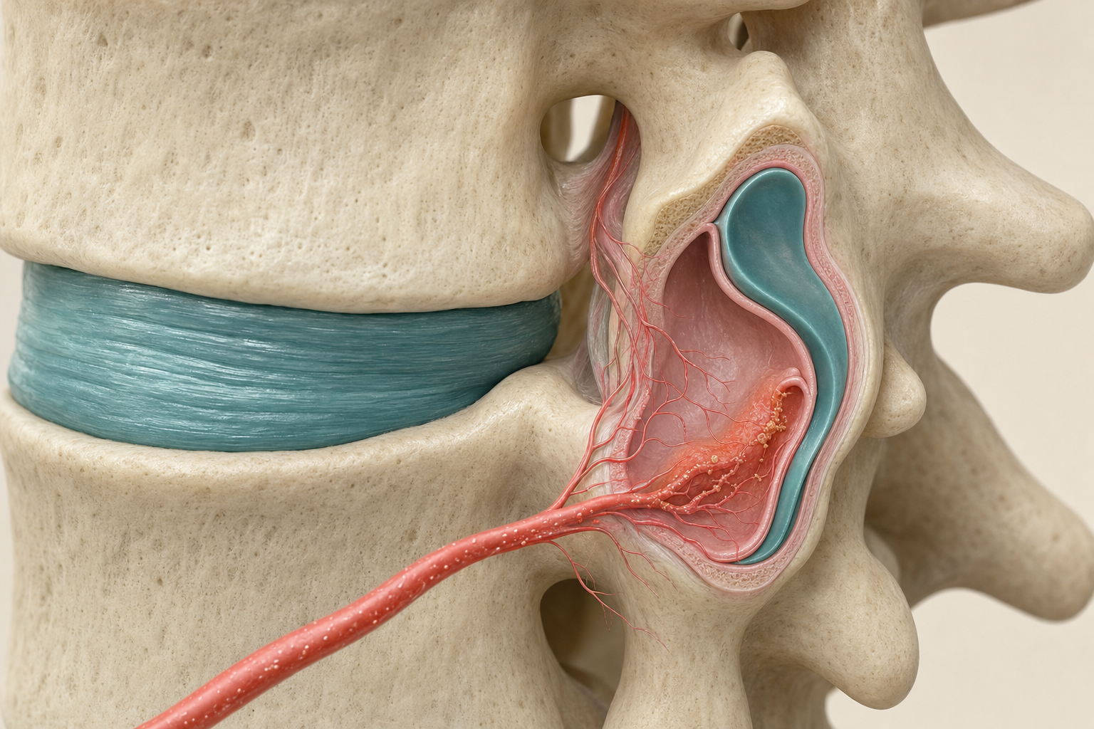 3D-Innenansicht eines Lendenwirbelsegments mit zwei Wirbelkörpern, petrolfarbener Bandscheibe und aufgeschnittenem Wirbelgelenk, dessen Innenhaut terrakottafarben gereizt ist, eine korallrote Arterie führt winzige Botenstoffpartikel heran