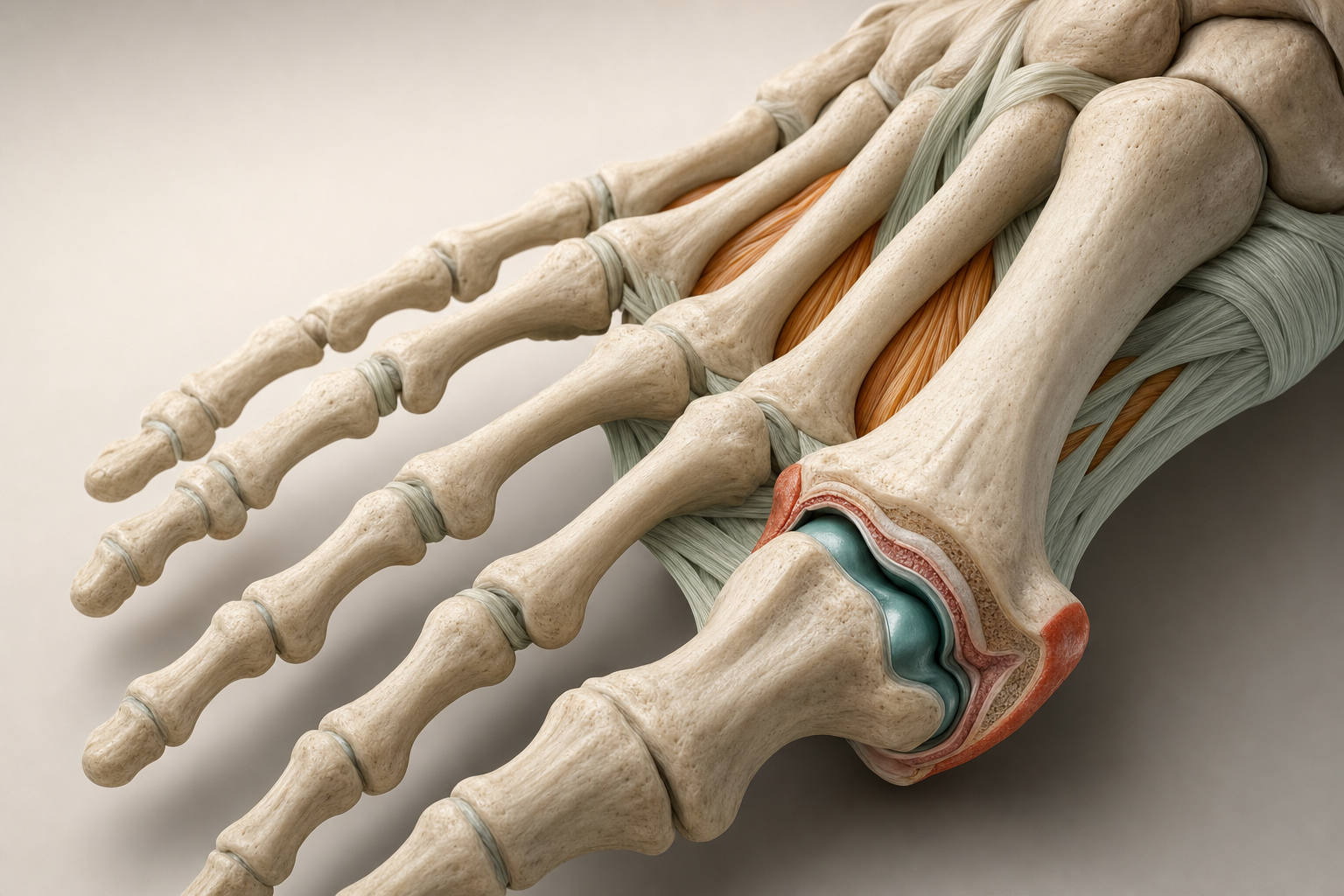 Wissenschaftliche 3D-Nahaufnahme eines Vorfußskeletts mit dickem erstem Mittelfußknochen, Plantarfaszie und Fußbändern, das Großzehengrundgelenk aufgeschnitten und terrakottafarben hervorgehoben