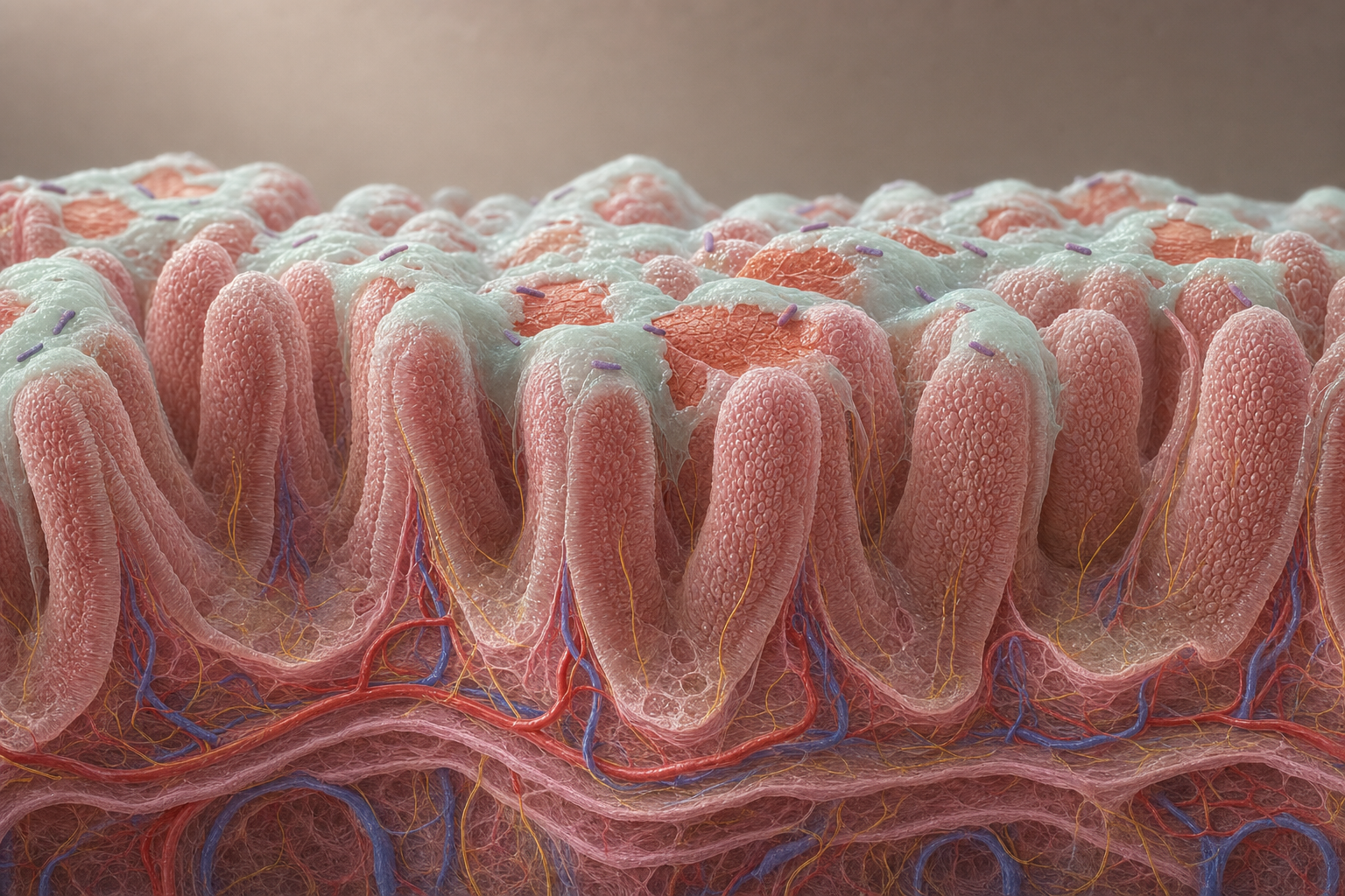 3D-Nahaufnahme einer Darmwand im Schnitt mit rosafarbenen Zotten, deren Schleimschicht dünn und aufgerissen ist, freiliegende Stellen terrakottafarben, nur vereinzelte violette Bakterien auf der Oberfläche