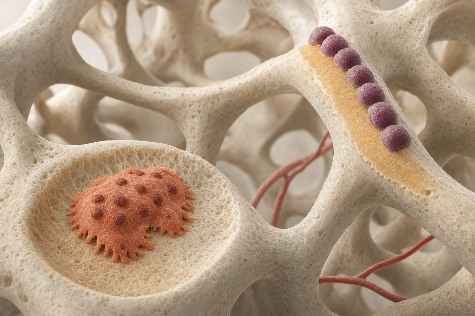 3D-Nahaufnahme im Knocheninneren mit dichtem Bälkchenwerk, ein terrakottafarbener Osteoklast frisst eine Mulde in ein Bälkchen, daneben legen Osteoblasten eine frische Knochenschicht auf
