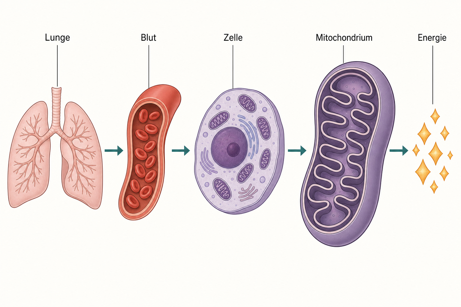 Schema in vier Stationen von der Lunge über das Blut in die Zelle bis zum vergrößerten Mitochondrium, aus dem ein Pfeil zu einem Bündel Energie-Rauten führt