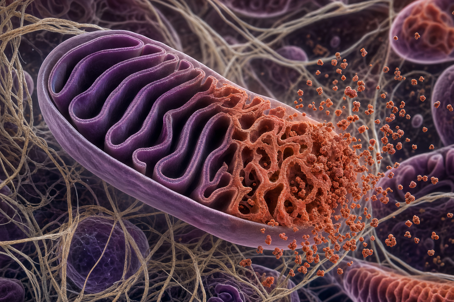 Mikroskopische Visualisierung eines angeschnittenen Mitochondriums, dessen rechte Hälfte terrakottafarben geschädigt ist und winzige Partikel in das Zellplasma abgibt