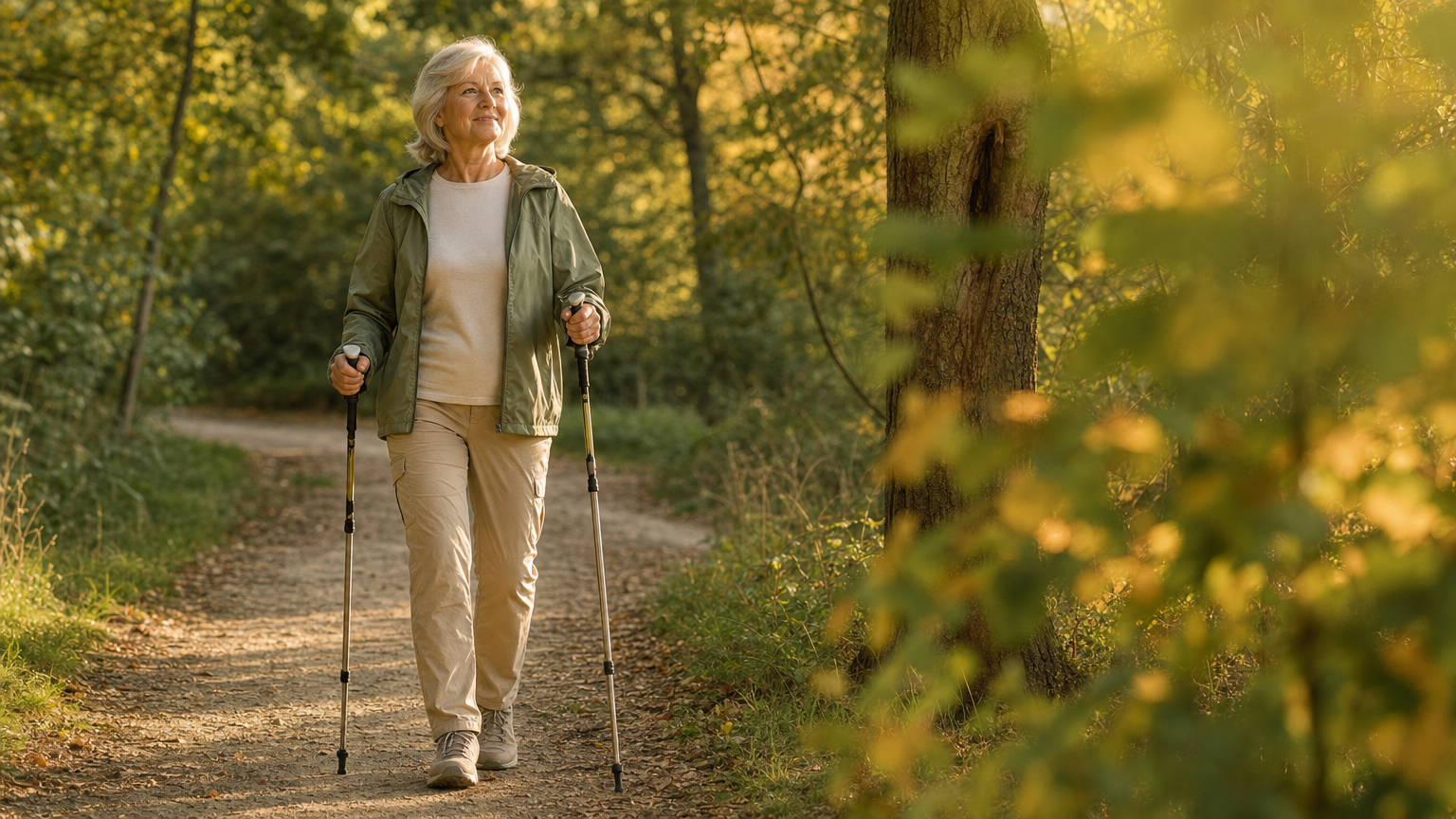 Ältere Person beim Nordic Walking auf einem Waldweg – Bewegungstherapie als wichtigste konservative Maßnahme bei Hüftarthrose