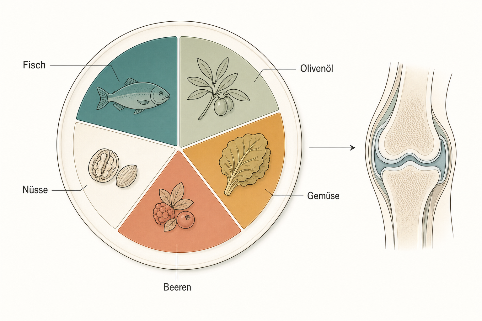 Schematische Ernährungstafel der antientzündlichen Mittelmeerkost mit Fisch, Olivenöl, Gemüse, Beeren und Nüssen neben einem ruhigen Kniegelenk