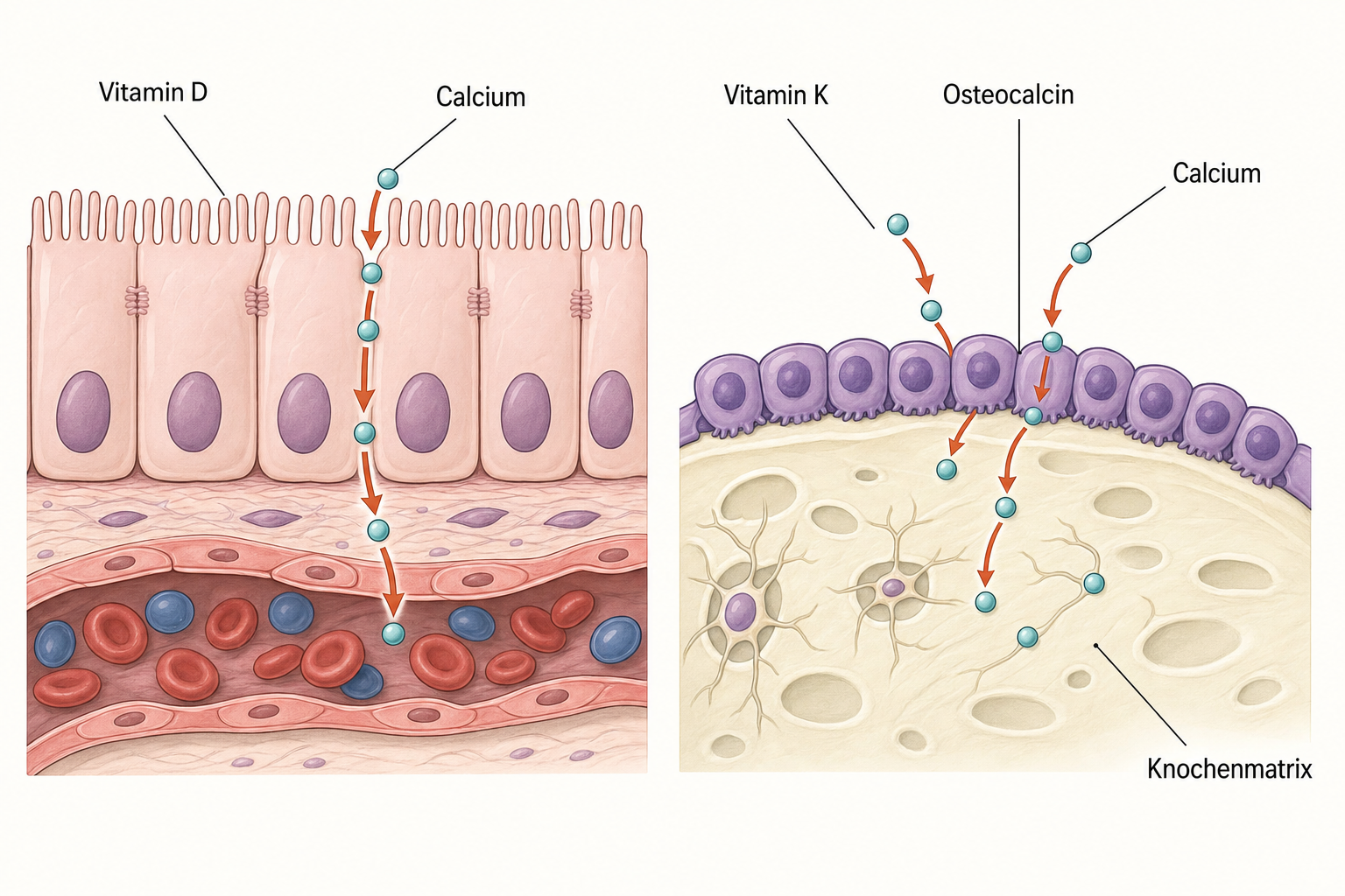Zweiteilige Gewebegrafik: links schleust Vitamin D Calcium aus dem Darm in die Blutbahn, rechts lenkt Vitamin K2 es über das Eiweiß Osteocalcin gezielt in die elfenbeinfarbene Knochenmatrix.