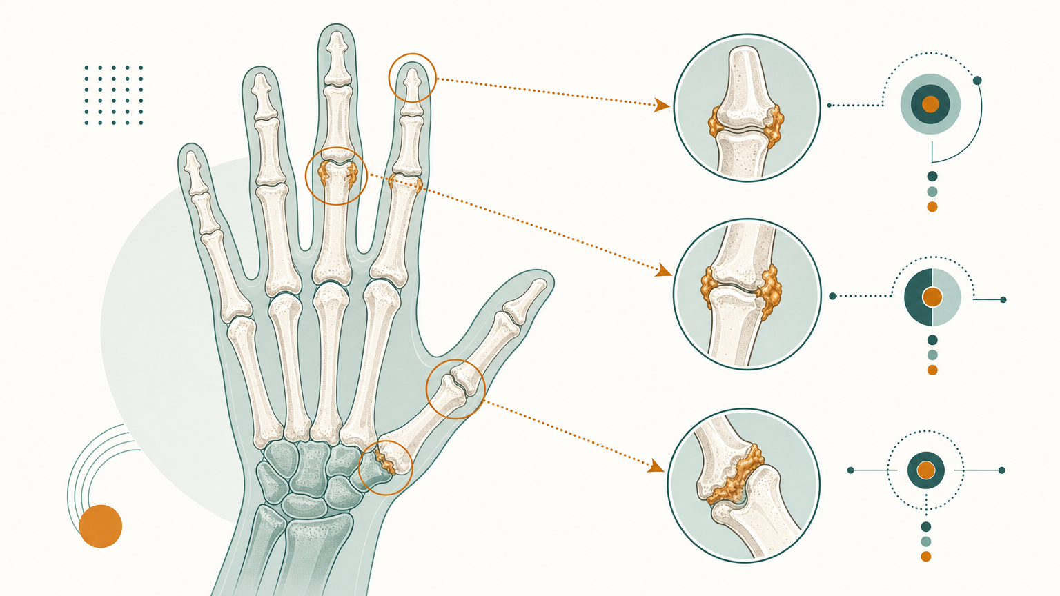Anatomische Schemazeichnung einer Hand, die drei arthrotisch veränderte Gelenkregionen hervorhebt: die Fingerendgelenke, die Fingermittelgelenke und das Daumensattelgelenk an der Daumenbasis.