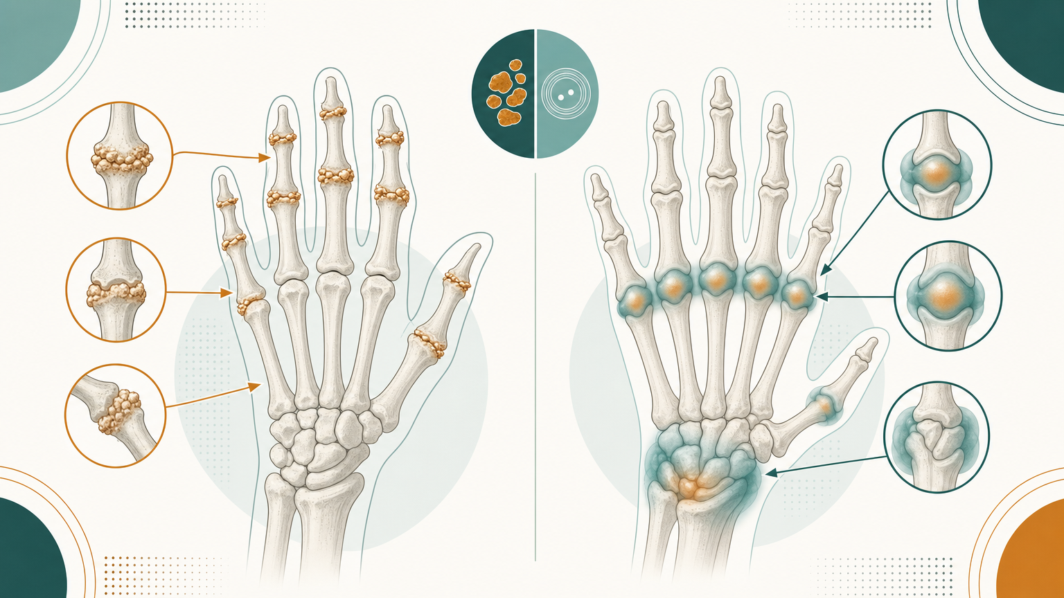Gegenüberstellung zweier Handschemata: links Arthrose mit knöchernen Verdickungen an Finger-End- und Mittelgelenken, rechts rheumatoide Arthritis mit weichen Schwellungen an den Fingergrundgelenken und dem Handgelenk.
