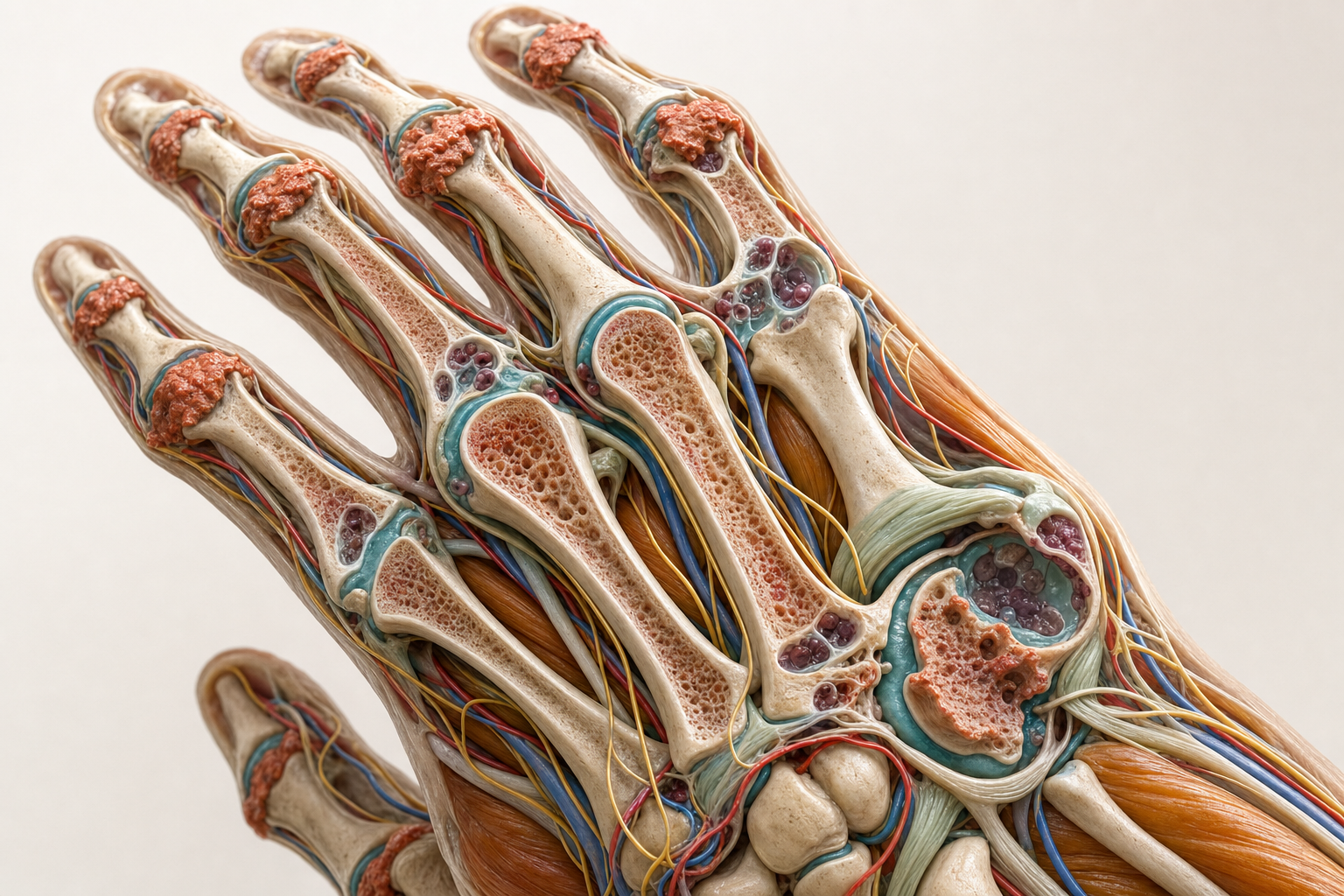 Dorsale Übersicht der rechten Hand mit elfenbeinfarbenen Knochen und petrolfarbenen Gelenkflächen; die Fingerendgelenke, Fingermittelgelenke und das Daumensattelgelenk sind in Terrakotta hervorgehoben und mit Heberden Arthrose, Bouchard Arthrose und Rhizarthrose beschriftet.