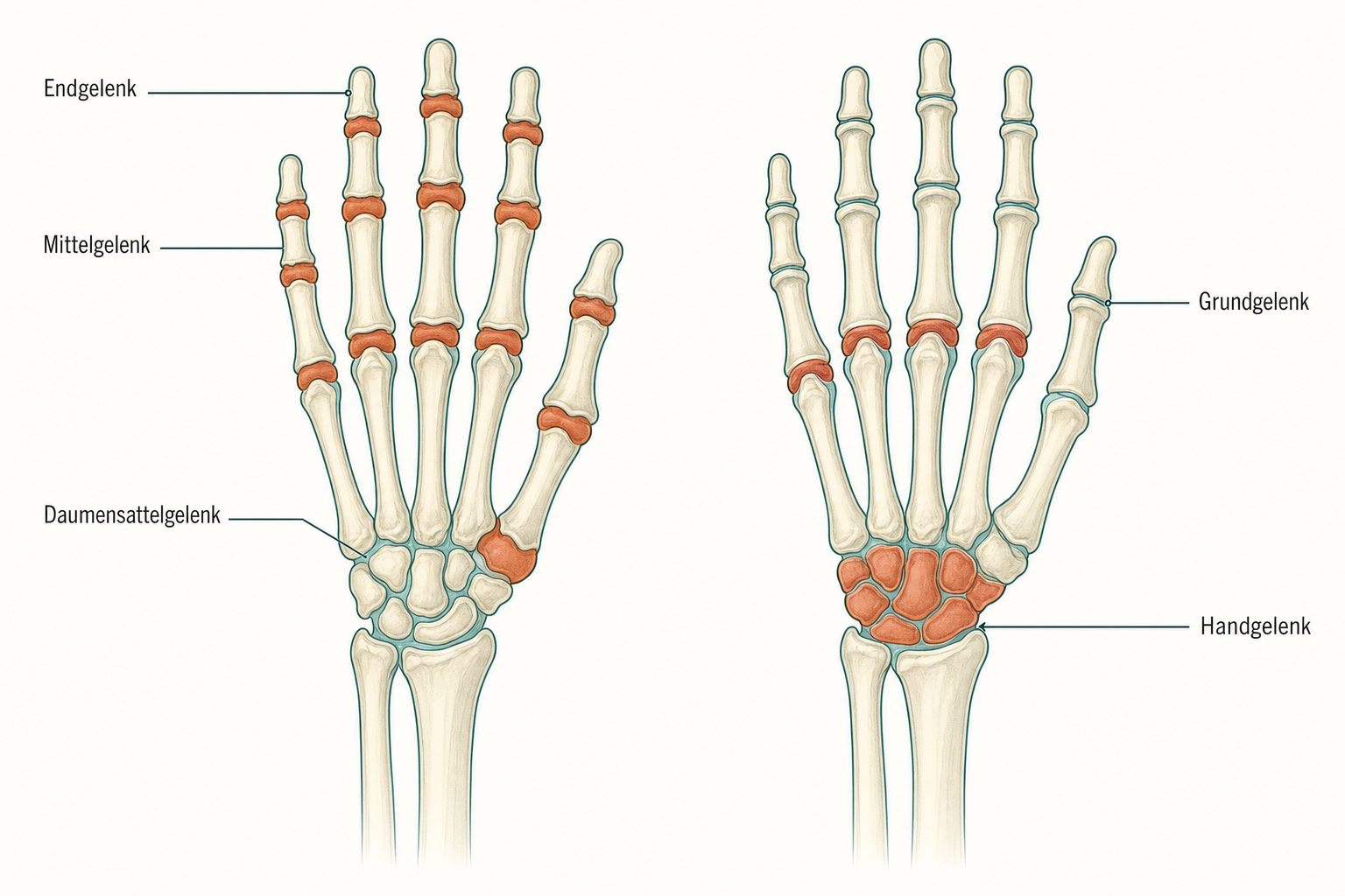 Zwei schematische Hände nebeneinander: links Arthrose mit terrakotta markierten End- und Mittelgelenken sowie Daumensattelgelenk, rechts Rheuma mit terrakotta markierten Grundgelenken und Handgelenk; Knochen in Elfenbein, neutrale Gelenke in Petrol.