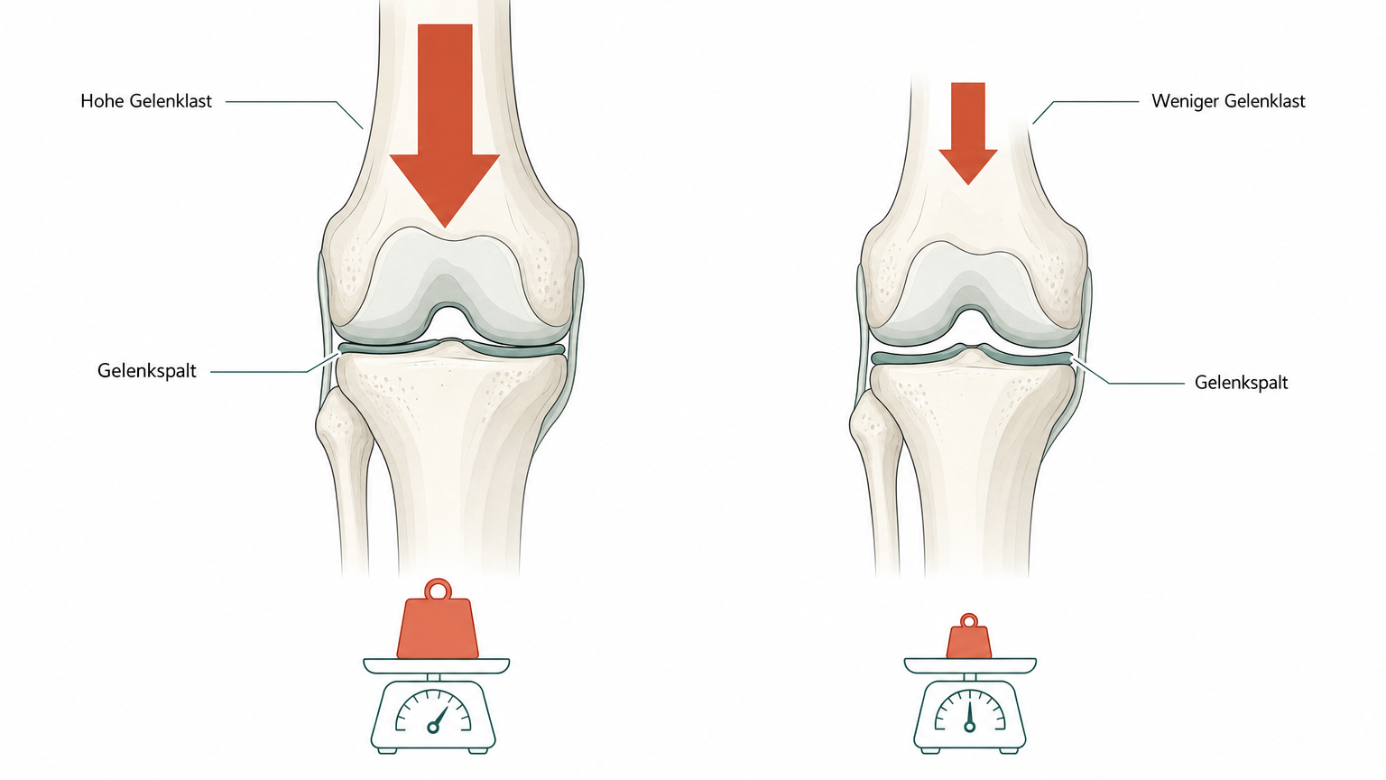 Schematische Illustration zweier Knie mit großem und kleinem Lastpfeil als Wirkung von Gewichtsabnahme