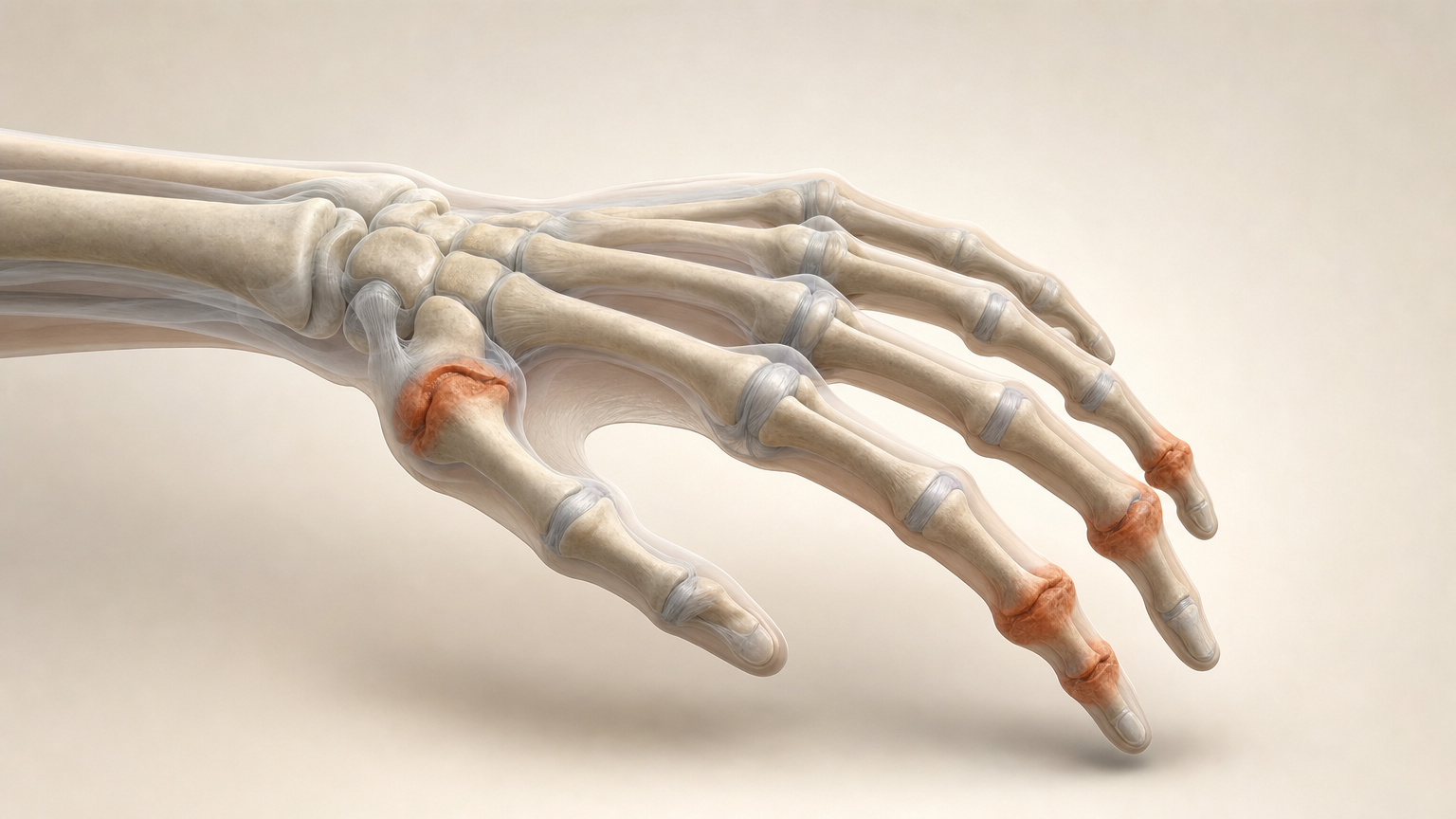 3D-Rendering einer Hand mit halbtransparenten Gelenken; Fingerendgelenke und Daumensattelgelenk als frühe Arthrose-Zeichen hervorgehoben
