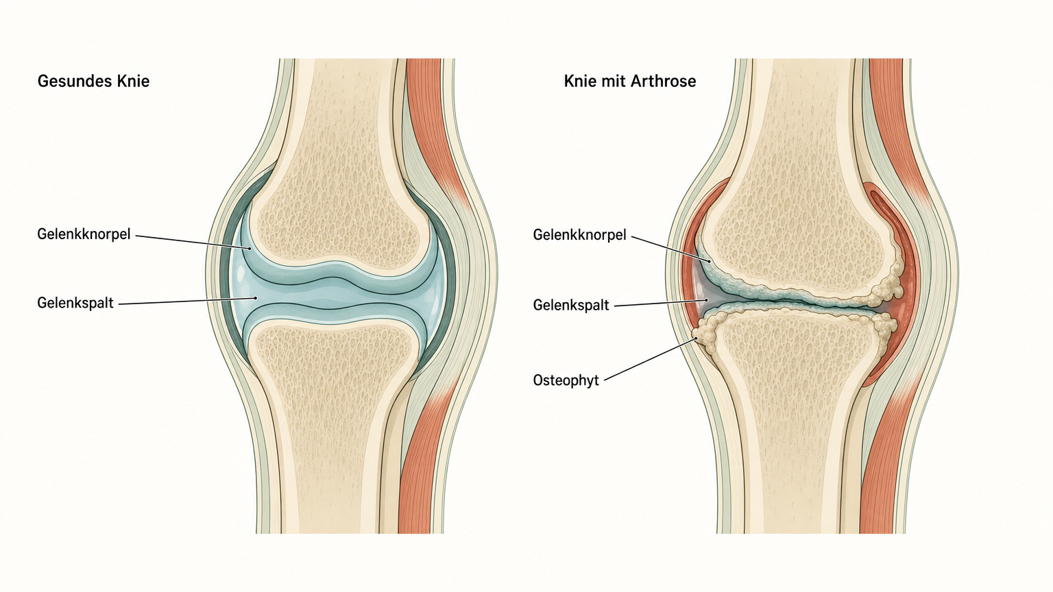 Schematische Illustration: gesundes Kniegelenk und Kniegelenk mit Arthrose im Längsschnitt, beschriftet mit Gelenkknorpel, Gelenkspalt und Osteophyt