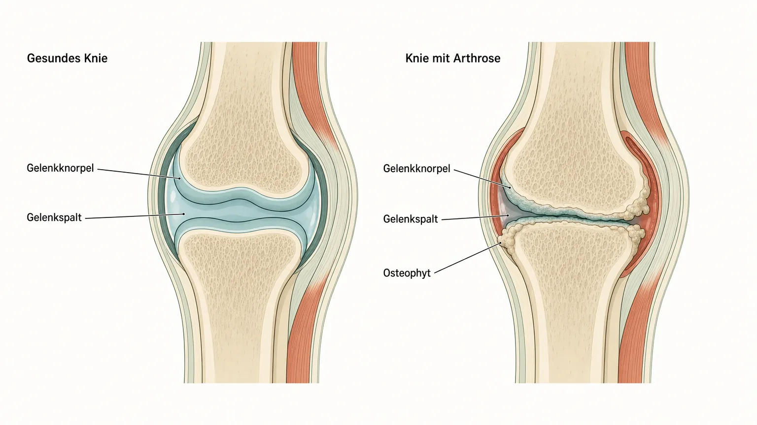 Schematische Illustration: gesundes Kniegelenk und Kniegelenk mit Arthrose im Längsschnitt