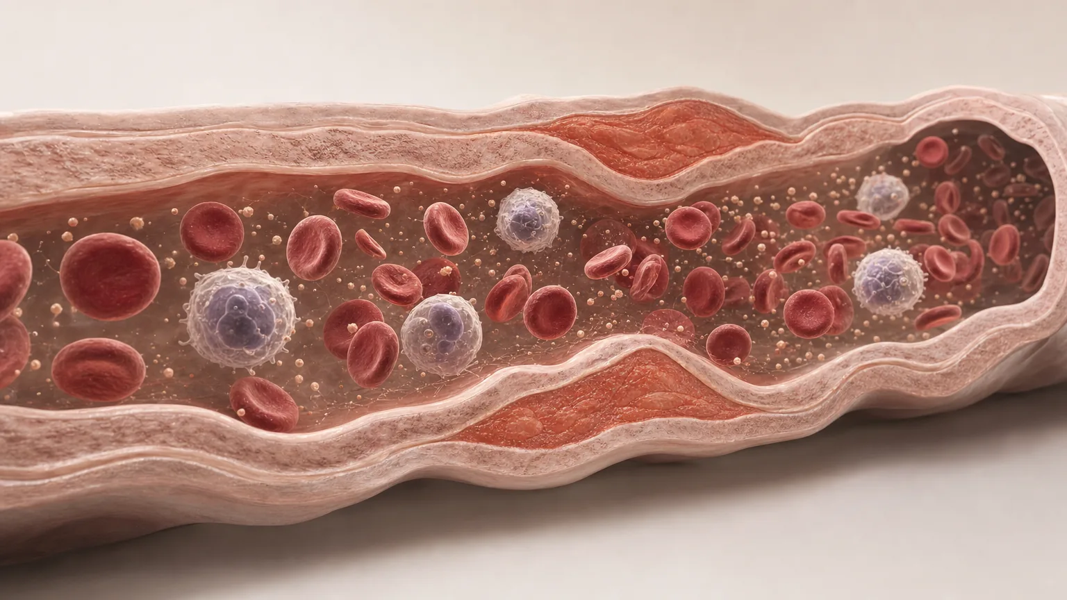 3D-Rendering eines Blutgefäßes mit Immunzellen und gereizter Gefäßwand als Bild chronischer Entzündung