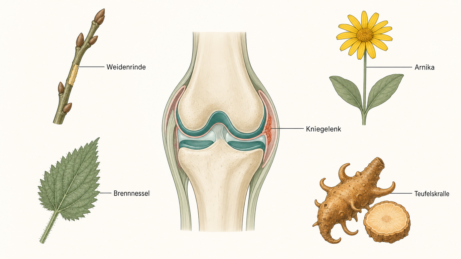 Botanische Lehrtafel mit Weidenzweig, Brennnesselblatt, Arnikablüte und Teufelskrallenwurzel um ein Kniegelenk im Schnitt, ein gereizter Saum der Gelenkinnenhaut terrakottafarben hervorgehoben