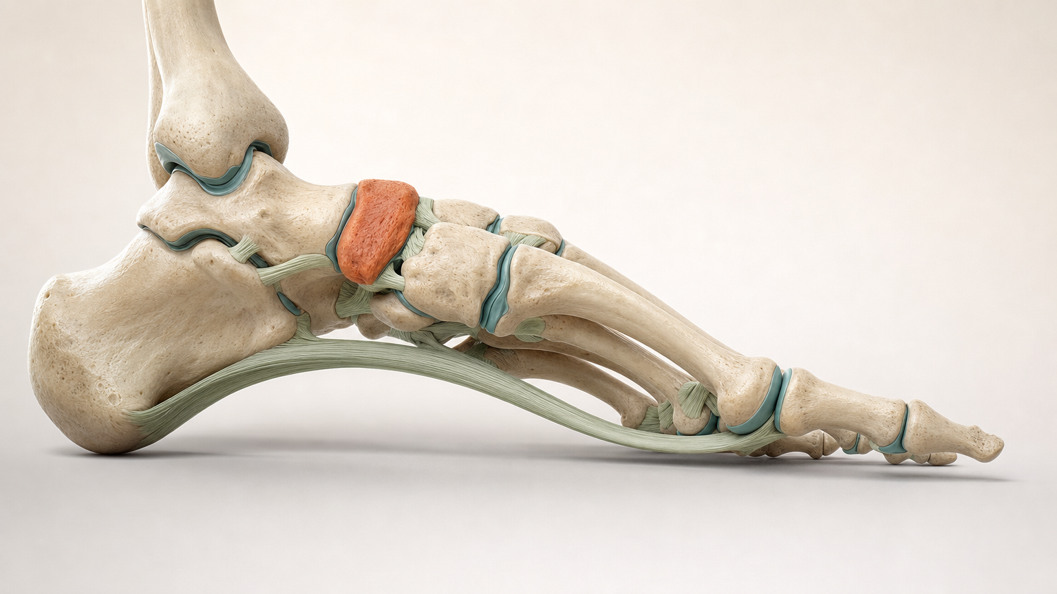 3D-Ansicht eines Fußskeletts von der Innenseite mit dem Längsgewölbe, das Kahnbein am Scheitel des Bogens ist terrakottafarben hervorgehoben