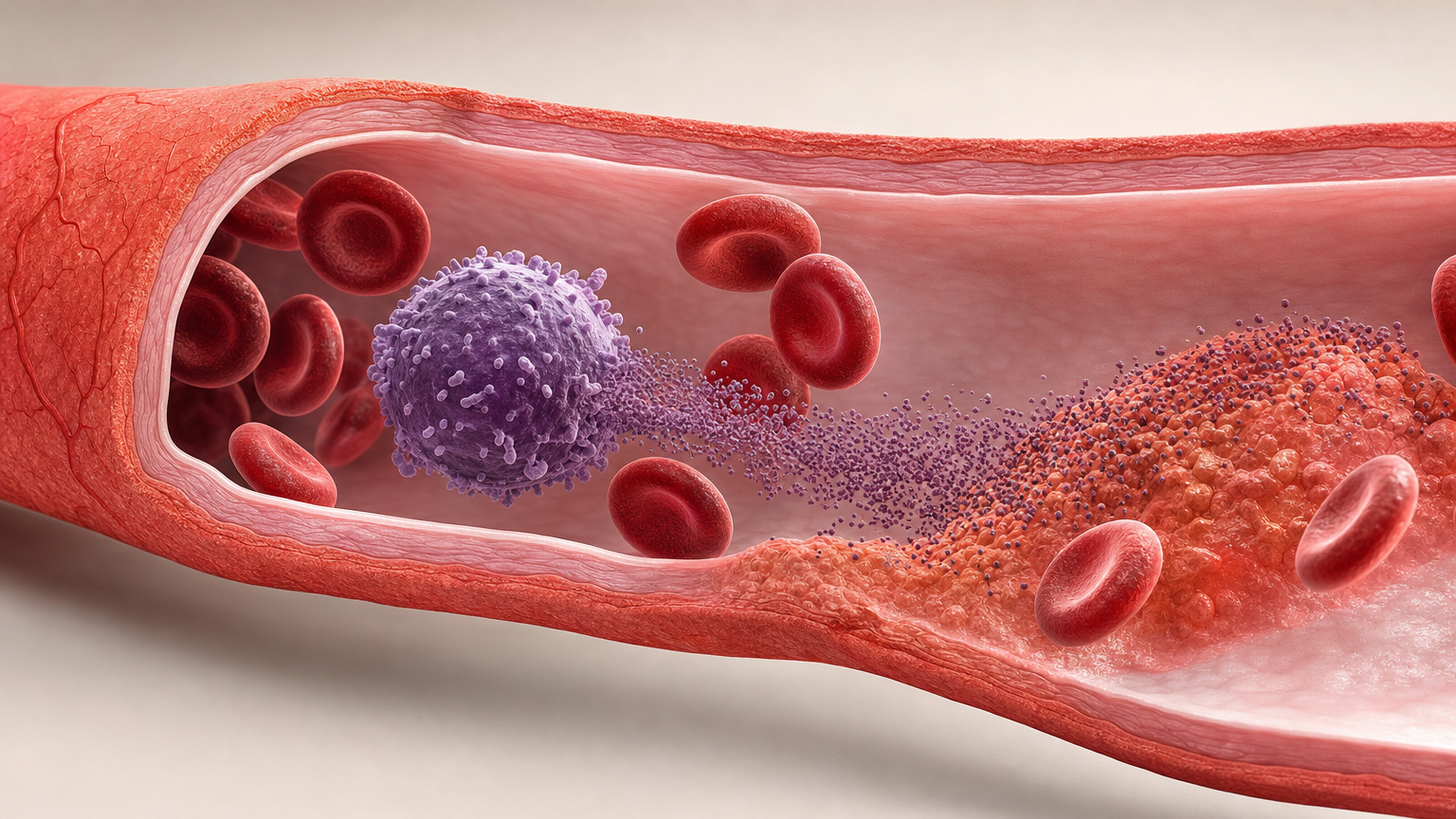 Wissenschaftliches 3D-Modell eines längs aufgeschnittenen kleinen Blutgefäßes, in dem eine Immunzelle einen Schwarm winziger Partikel gegen die Gefäßwand abgibt, die dort terrakottafarben aufgeraut ist