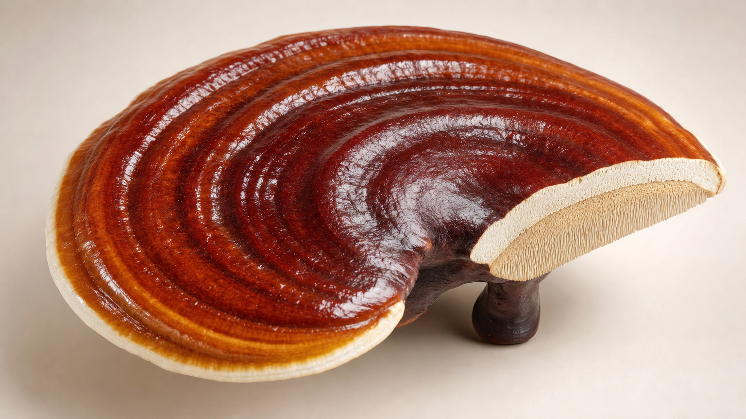 3D-Modell eines Reishi-Fruchtkörpers mit lackartig gebändertem Hut von Dunkelrot bis Weiß, rechts aufgeschnitten mit sichtbarer Röhrenschicht