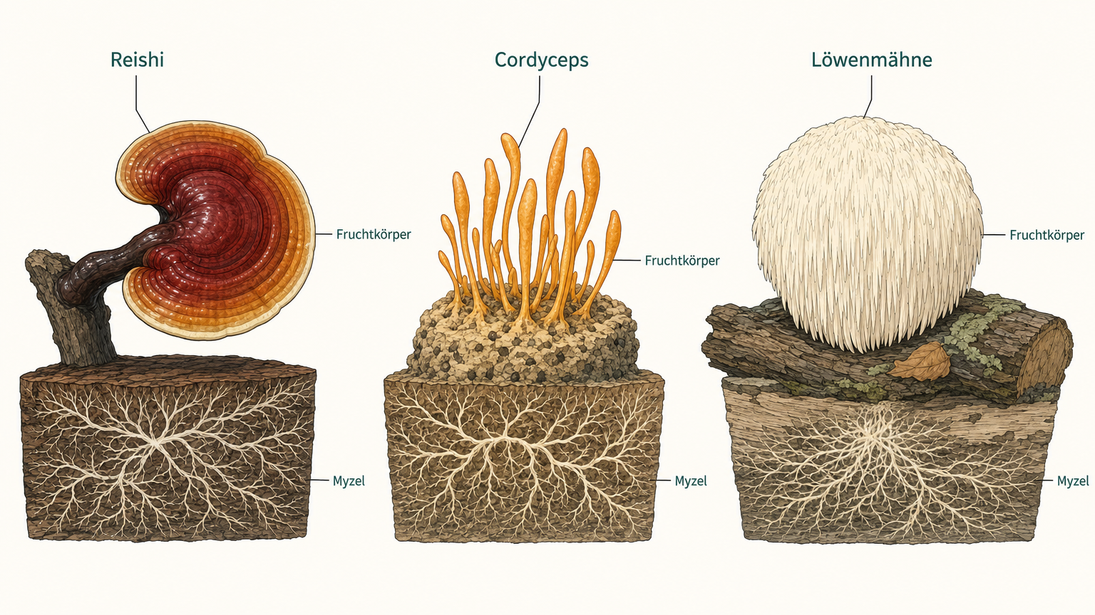 Botanische Lehrtafel mit drei Vitalpilzen nebeneinander, dem lackartig gebänderten Reishi, einem Büschel keulenförmiger Cordyceps und dem stacheligen Igelstachelbart, darunter jeweils das Myzelgeflecht im Substrat