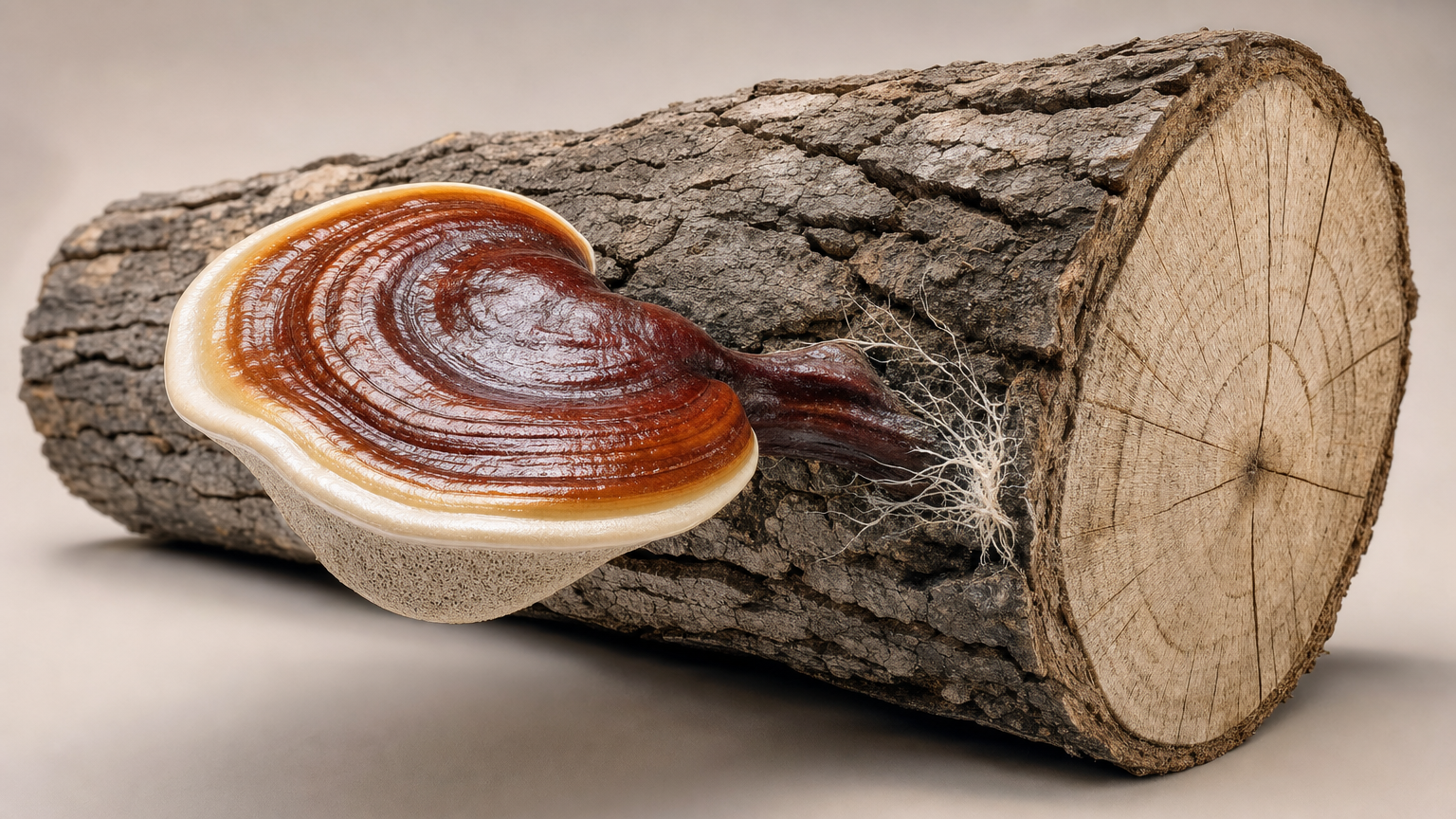 3D-Modell eines Reishi-Fruchtkörpers, der seitlich aus einem Stück Totholz wächst, mit lackartig gebändertem Hut von Mahagoni bis Creme und feinen weißen Myzelfäden am Ansatz