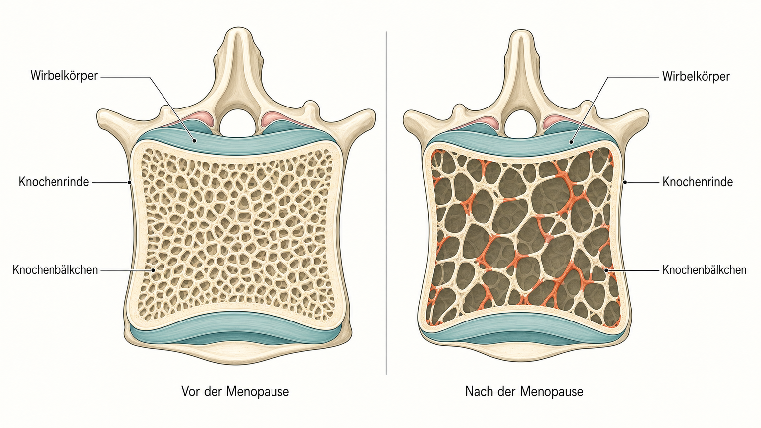 Lehrbuchgrafik zweier Wirbelkörper im Schnitt, links dichte Knochenbälkchen vor der Menopause, rechts ausgedünnte und unterbrochene Bälkchen nach der Menopause in Terrakotta