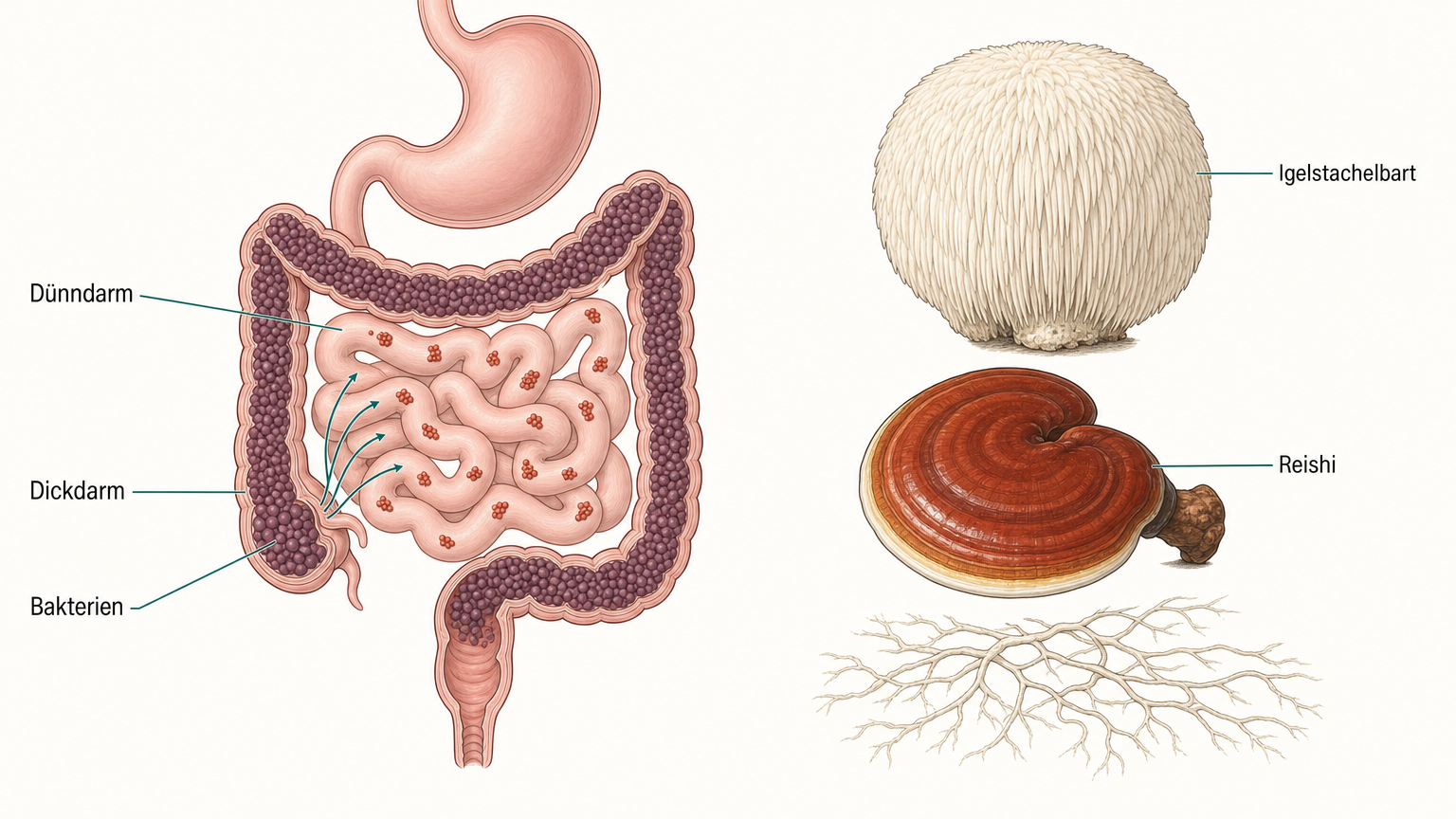 Lehrtafel mit dem Verdauungstrakt, in dessen Dünndarmschlingen terrakottafarbene Bakterienhäufchen sitzen, daneben Igelstachelbart und Reishi als botanische Zeichnung