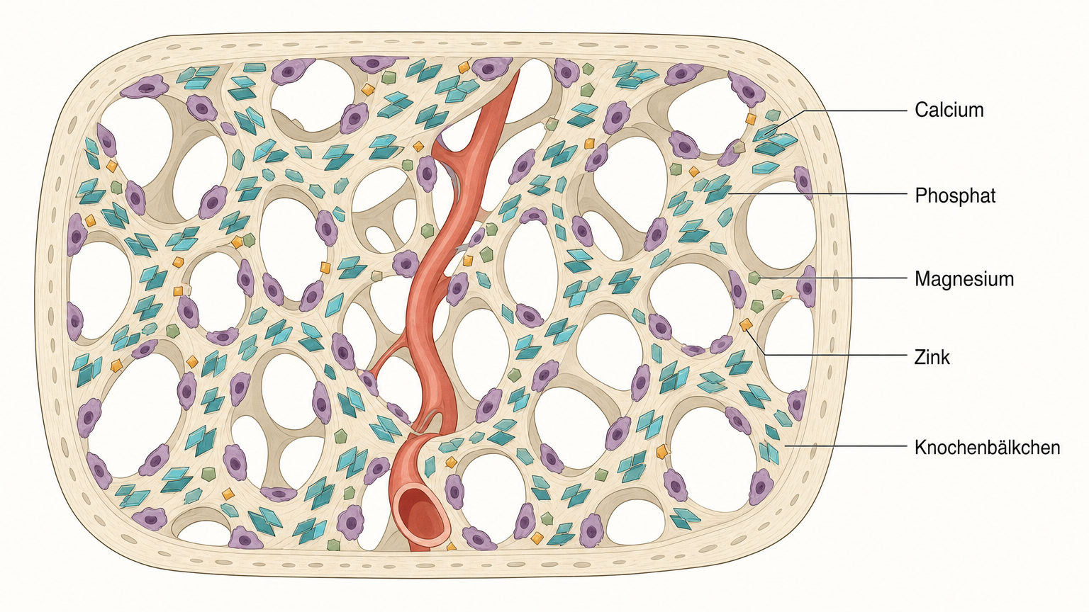 Schnitt durch Knochengewebe mit Knochenbälkchen, in die Calcium, Phosphat, Magnesium und Zink als schematische Bausteine eingelagert sind